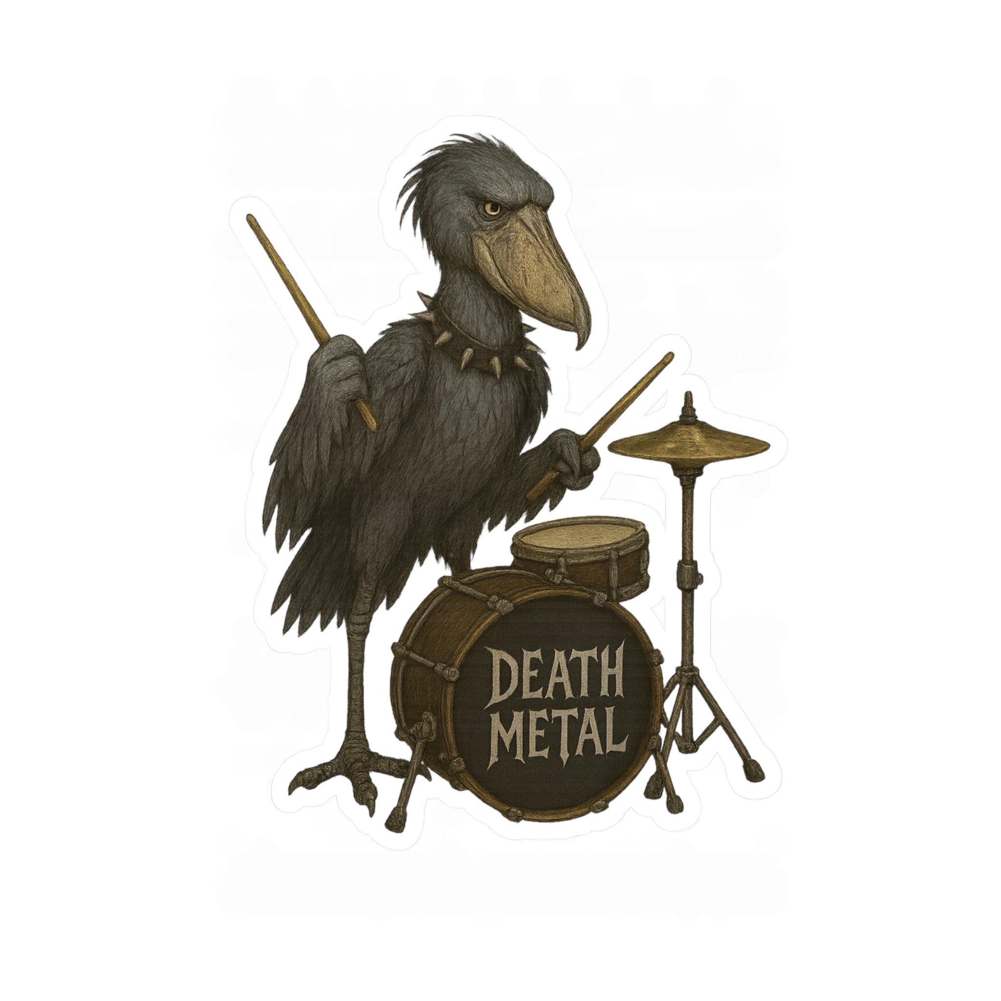 Vinyl sticker illustration of a shoebill stork playing drums with &#39;Death Metal&#39; written on it, on a white background.