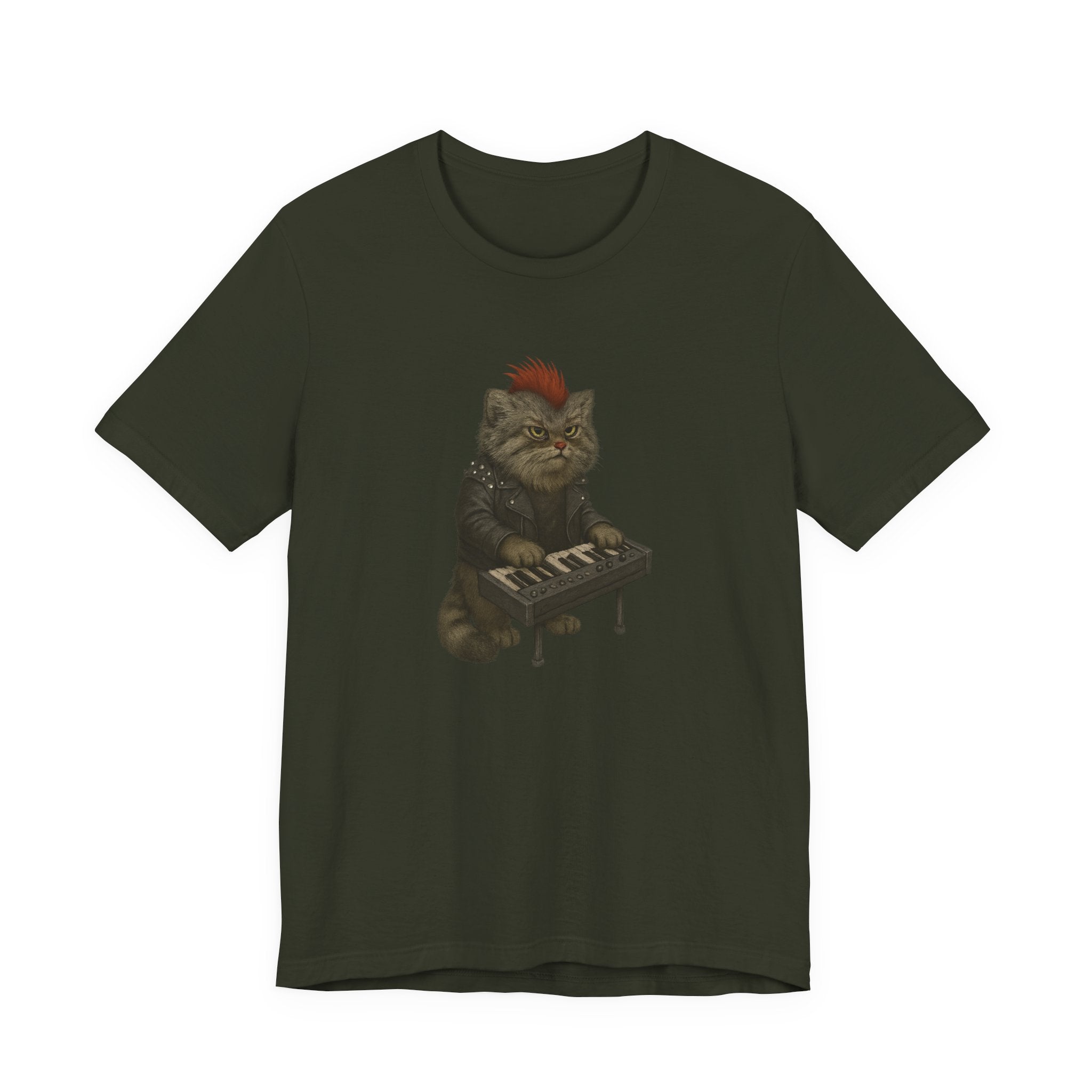 Dark green t-shirt with a graphic of a pallas's cat playing keyboards on a white background