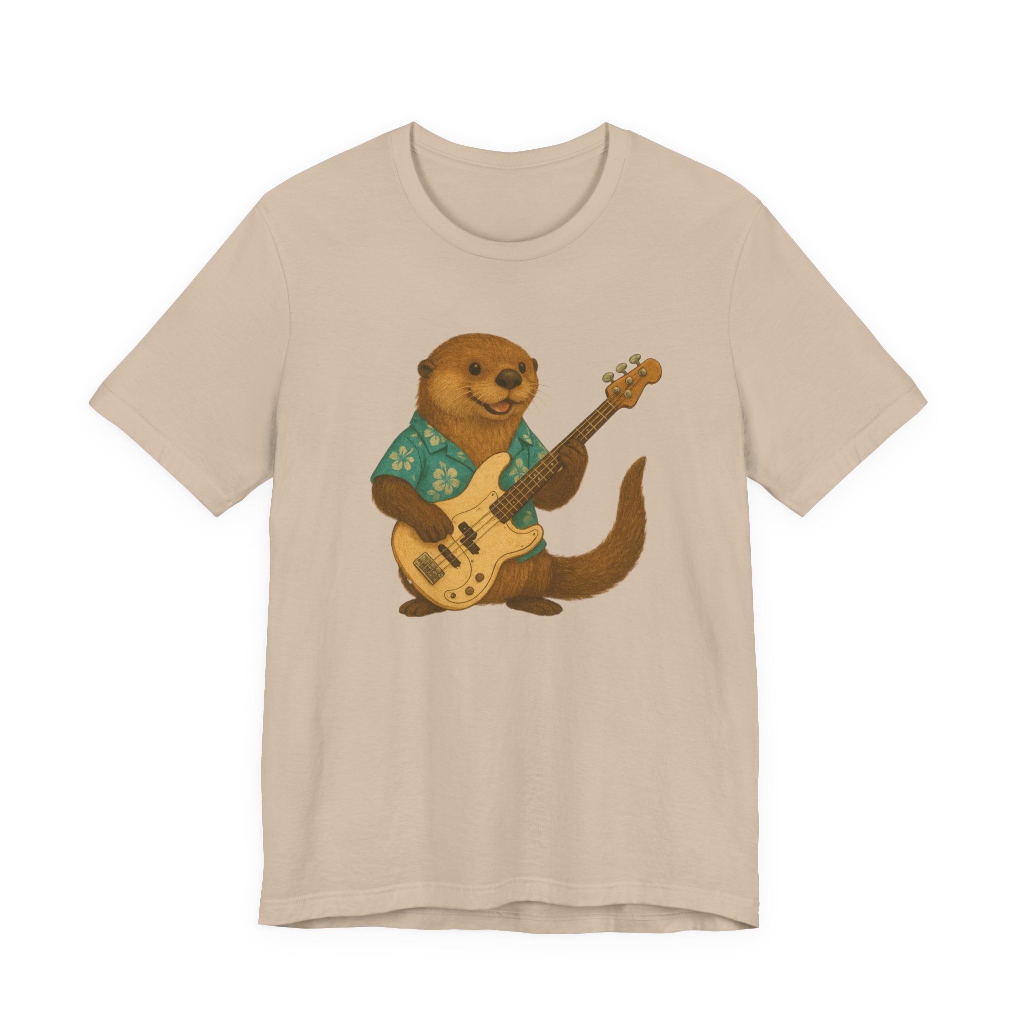 Tan t-shirt with a sea otter wearing a hawaiian shirt and playing a bass guitar graphic on a white background