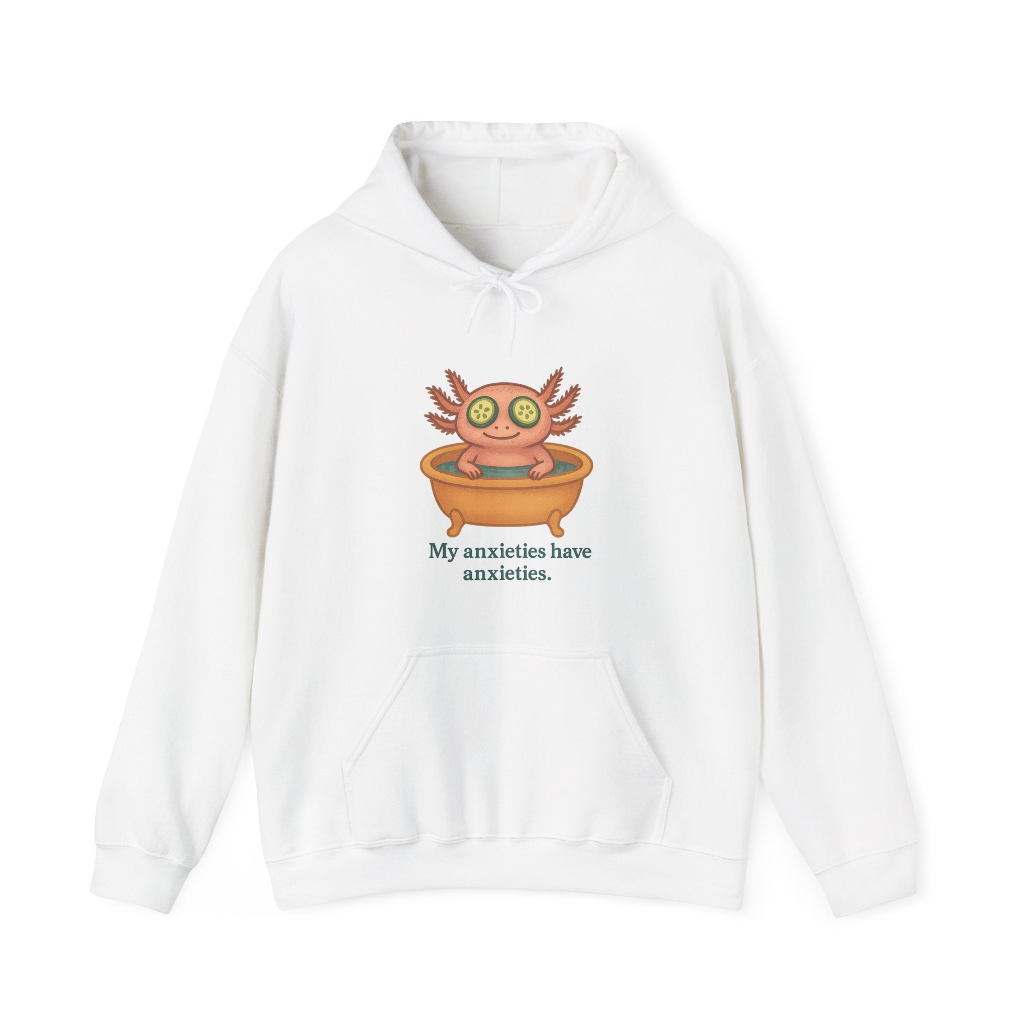 White hoodie with a graphic of an axolotl in a bathtub and text &quot;my anxieties have anxieties&quot; by Soon To Be Mythical