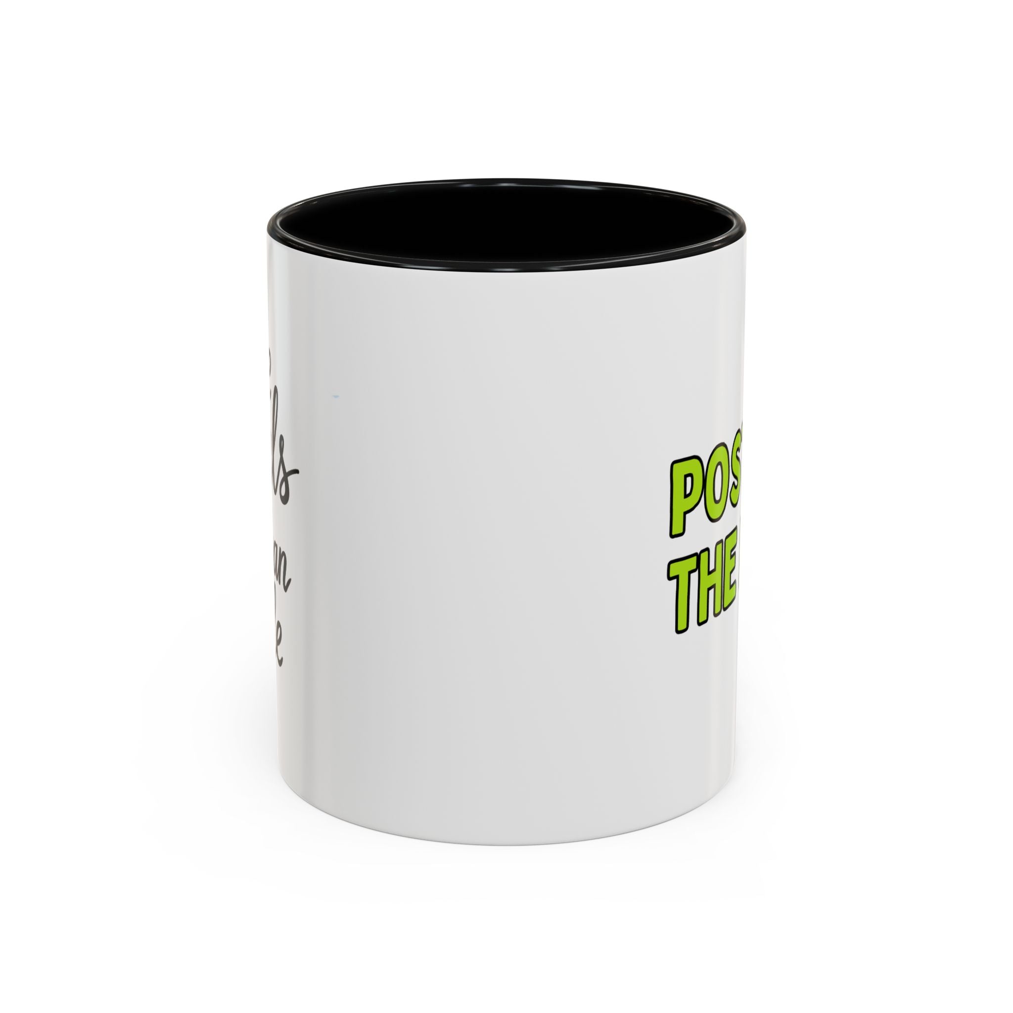 White mug with black interior and handle, featuring the text 'I love animals more than people' on one side and "Postpone the myth" on the other side on a white background.