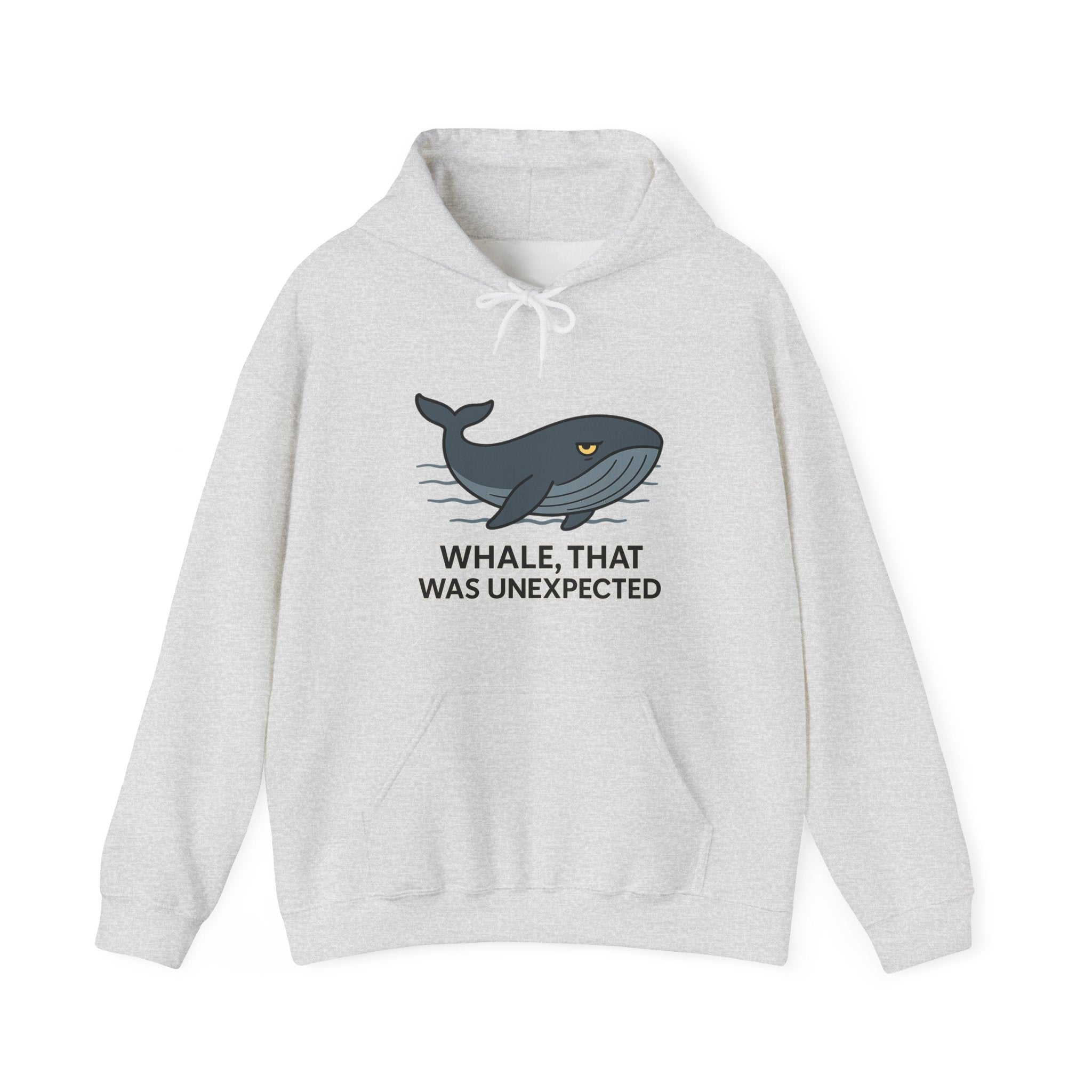 Gray hoodie with a blue whale graphic and text &quot;whale, that was unexpected&quot; by Soon To Be Mythical