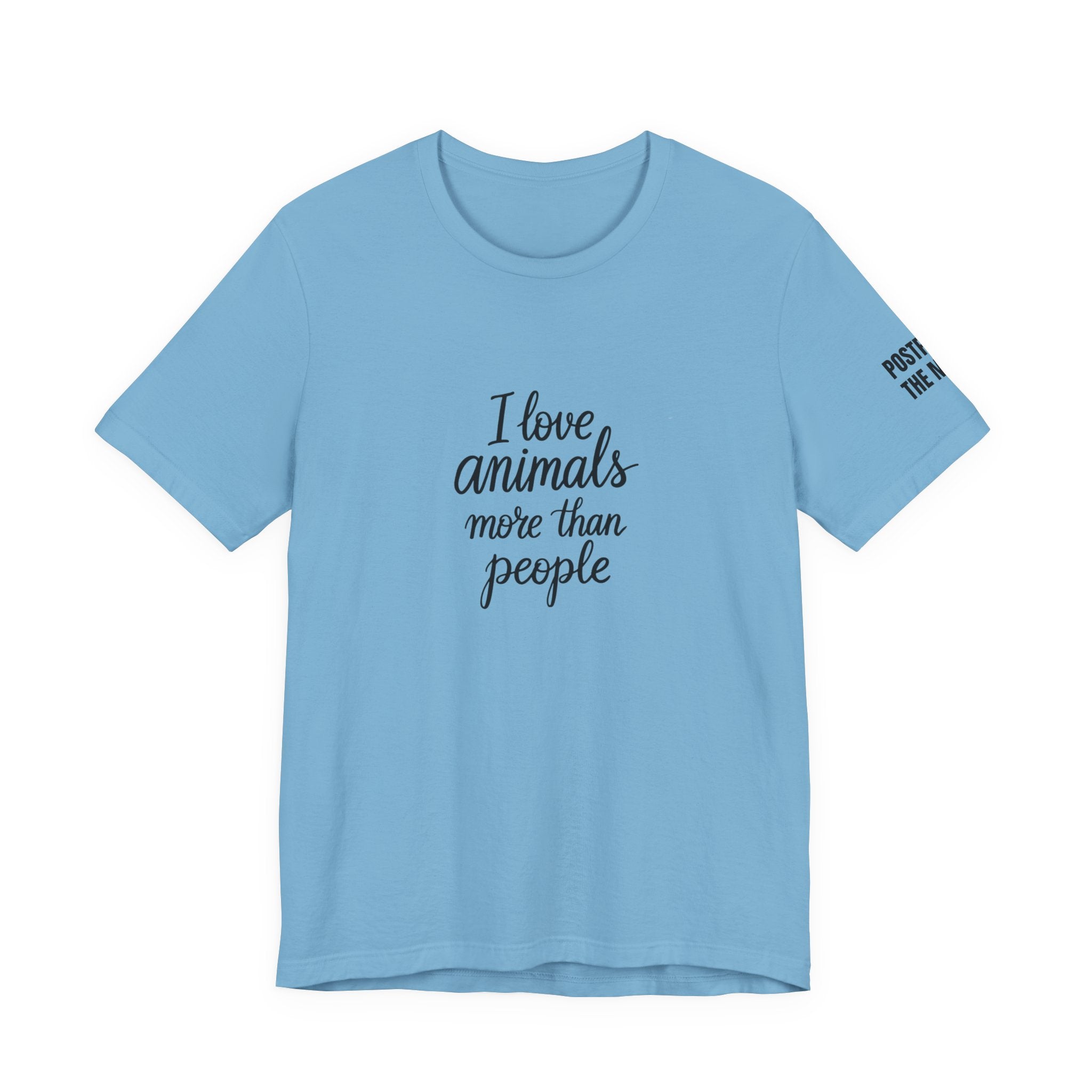 Light blue t-shirt with the text &quot;I Love Animals More Than People&quot; on the front and the text &quot;Postpone the Myth&quot; on the left sleeve on a white background