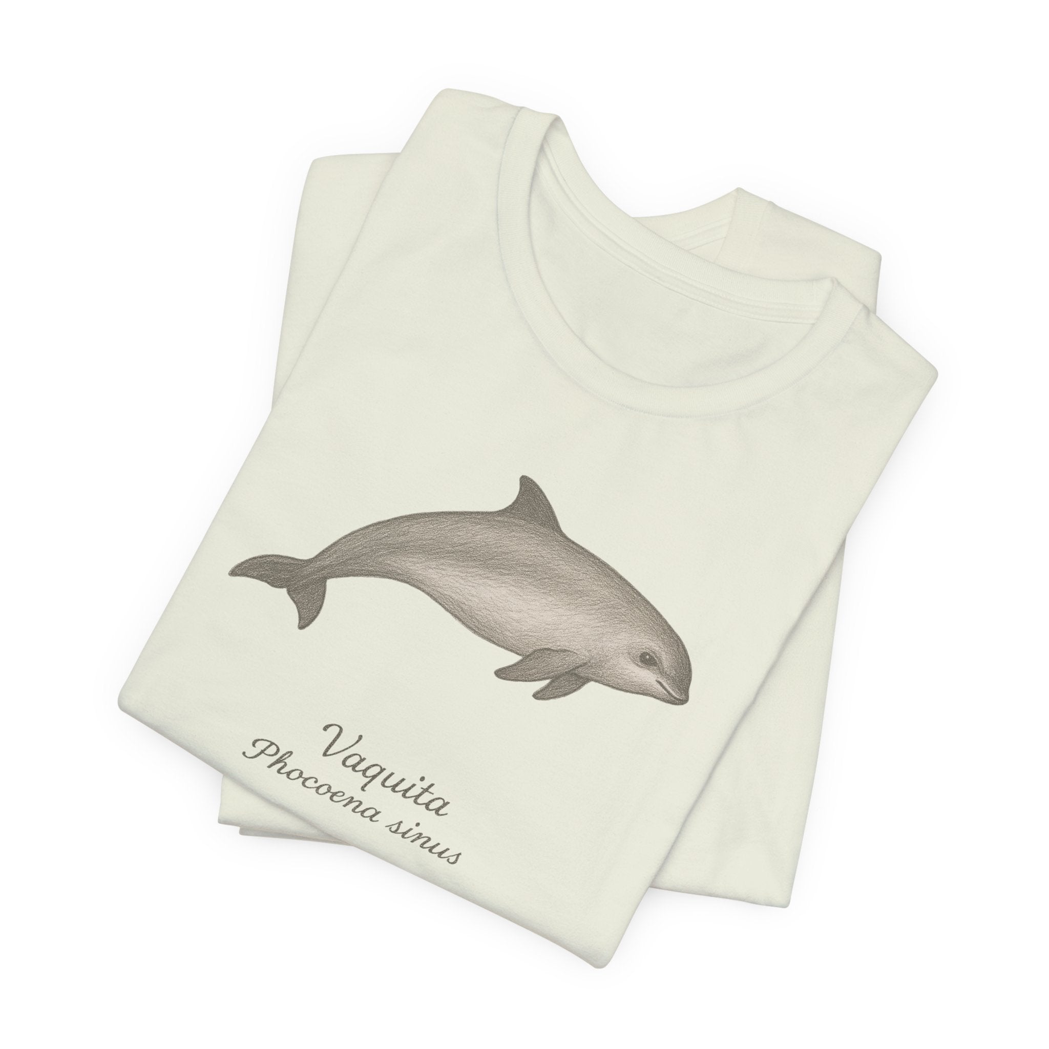 Folded citron t-shirt with a vaquita illustration and text on a white background