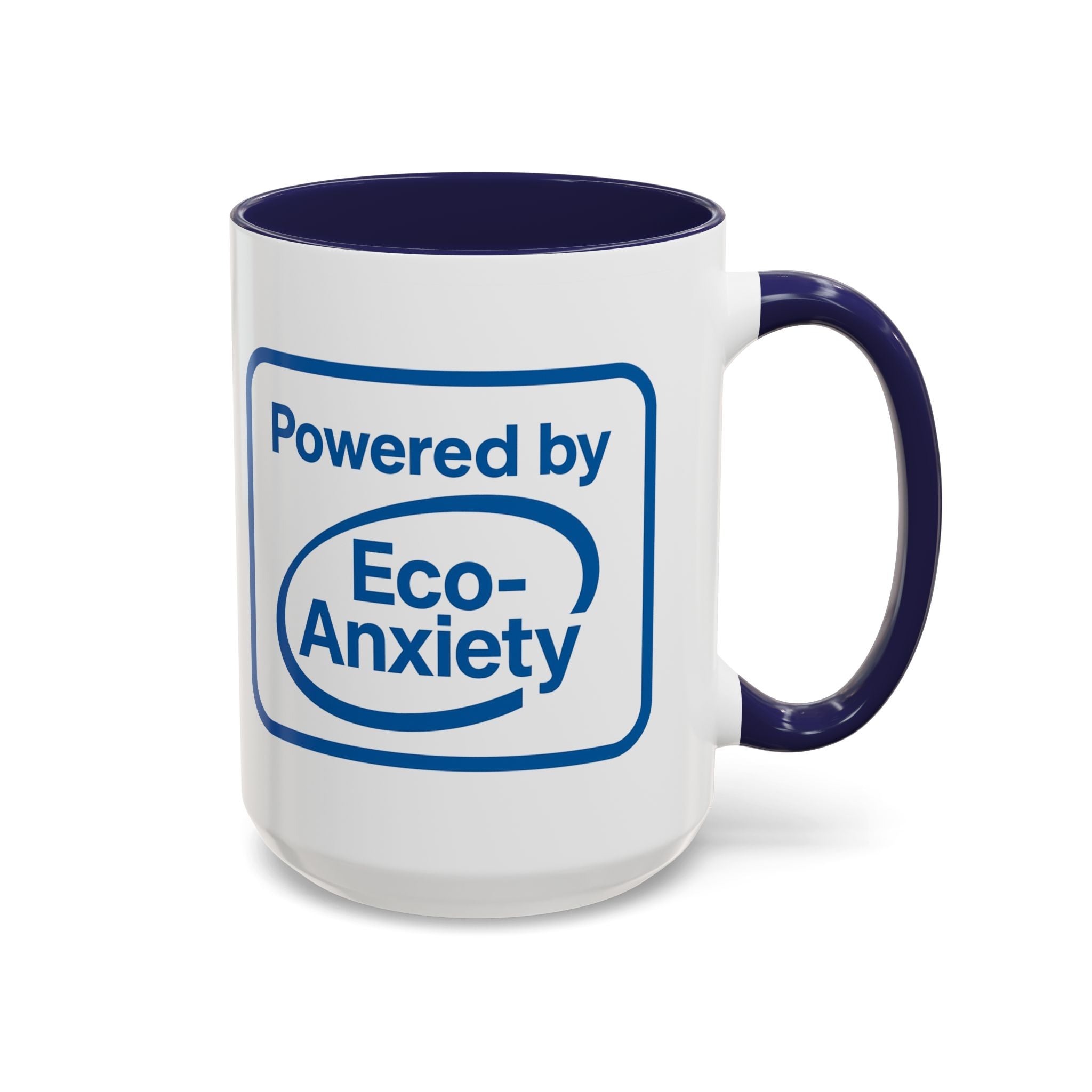 White coffee mug with navy blue accent interior and handle with a graphic that says "Powered by Eco-anxiety"