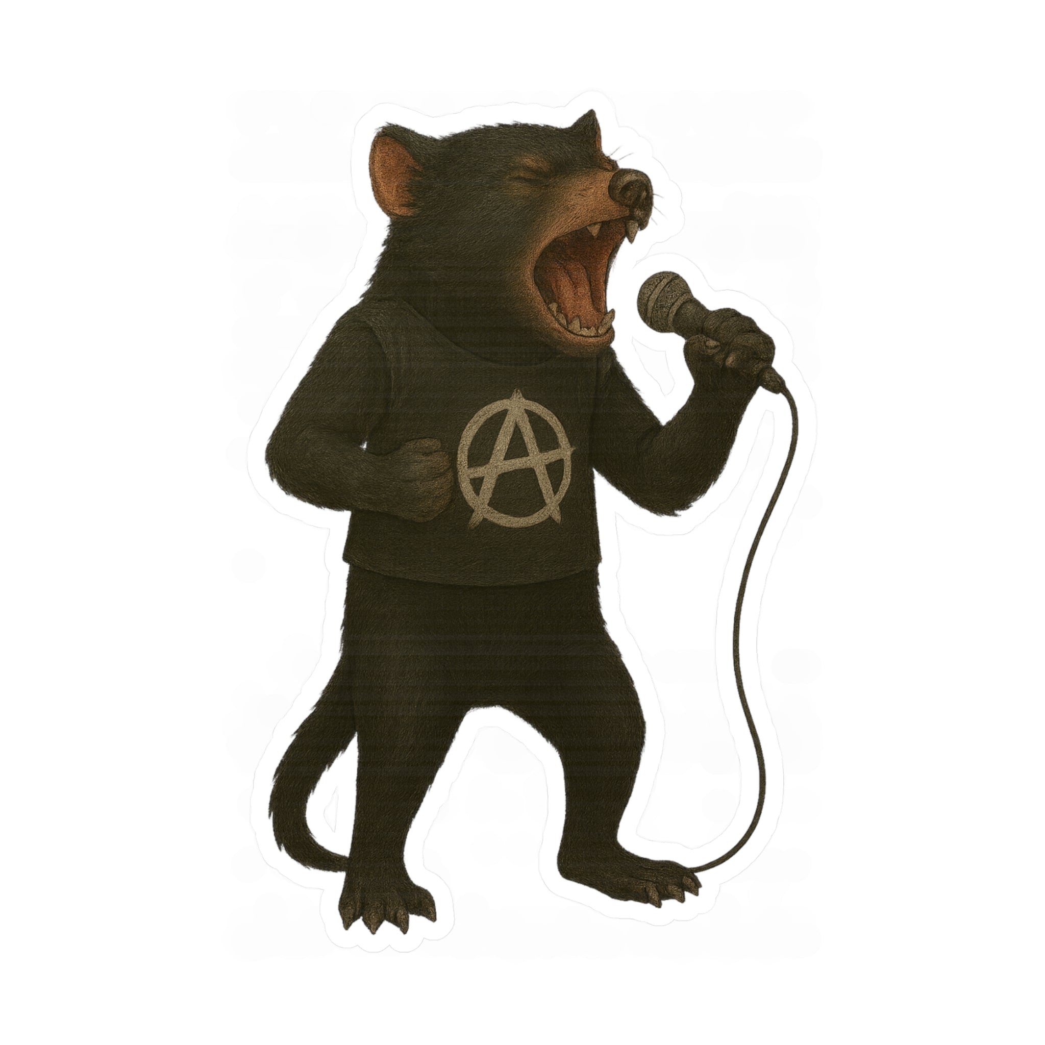 Vinyl sticker illustration of a tasmanian devil wearing a sweater with an anarchy symbol singing into a microphone.