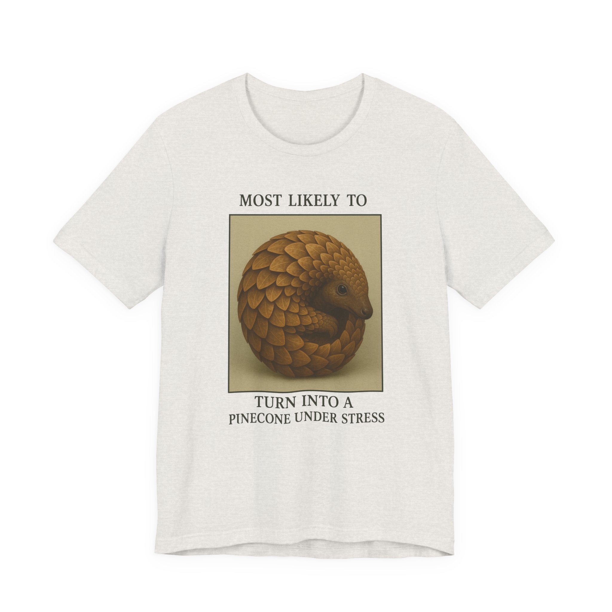 Heather cement t-shirt with a yearbook style photo of a pangolin that says &quot;Most Likely to Turn Into a Pinecone Under Stress&quot;