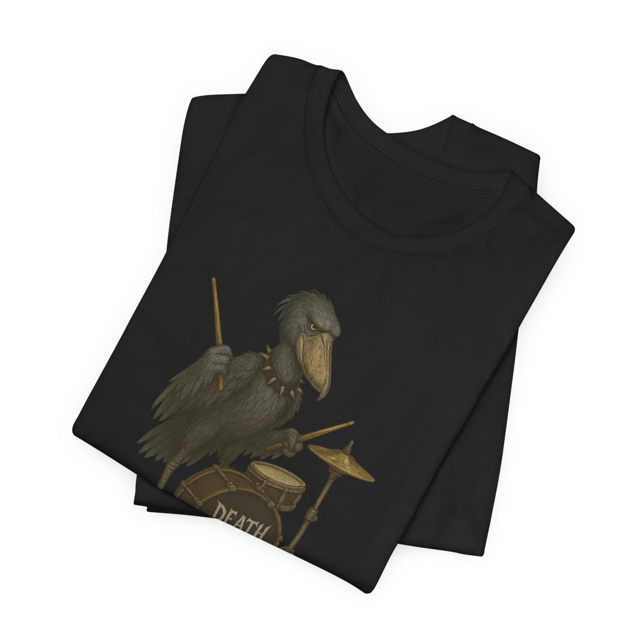 Black t-shirt with a shoebill stork playing drums graphic and 'Death Metal' text on a white background