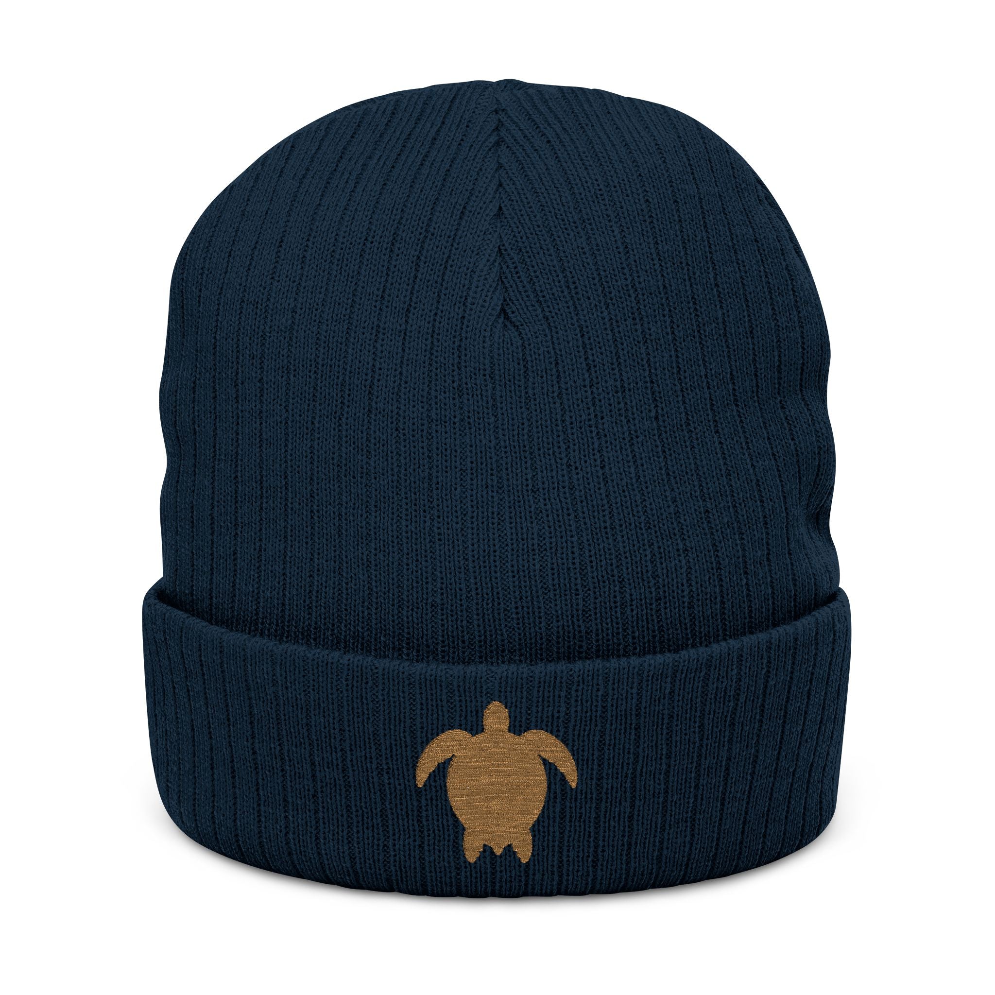 Navy beanie with an embroidered sea turtle in tan by Soon To Be Mythical