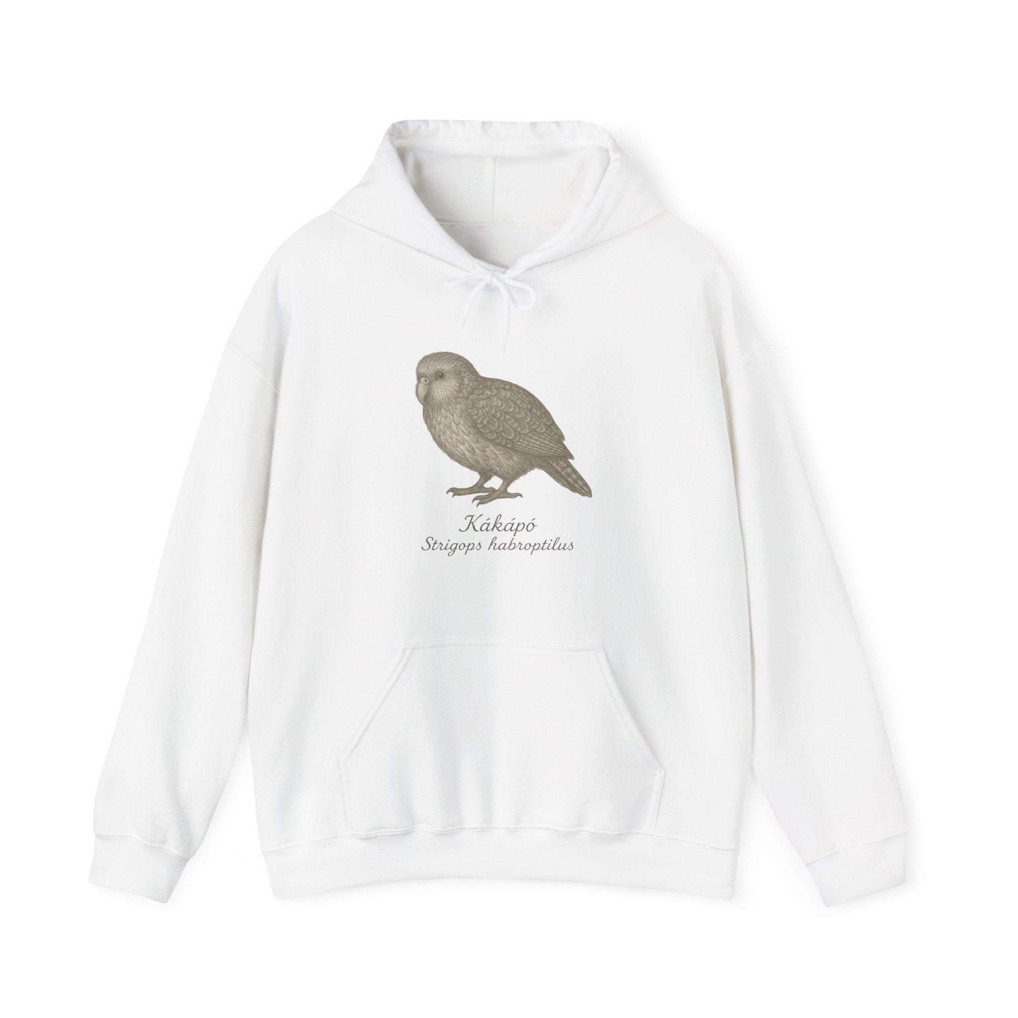 White hoodie with a kakapo graphic and scientific name by Soon To Be Mythical