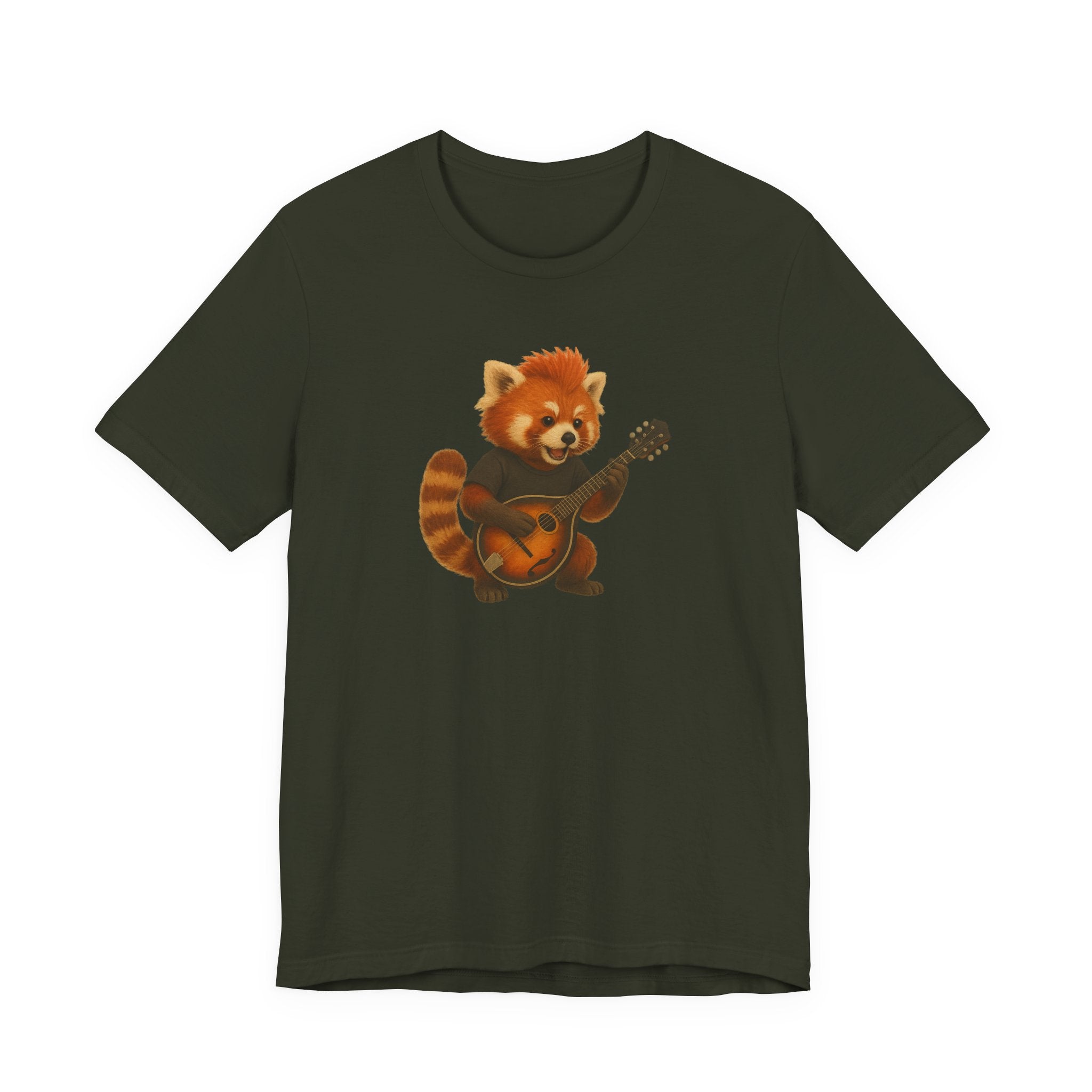 Dark green t-shirt with a red panda playing a mandolin graphic on a white background