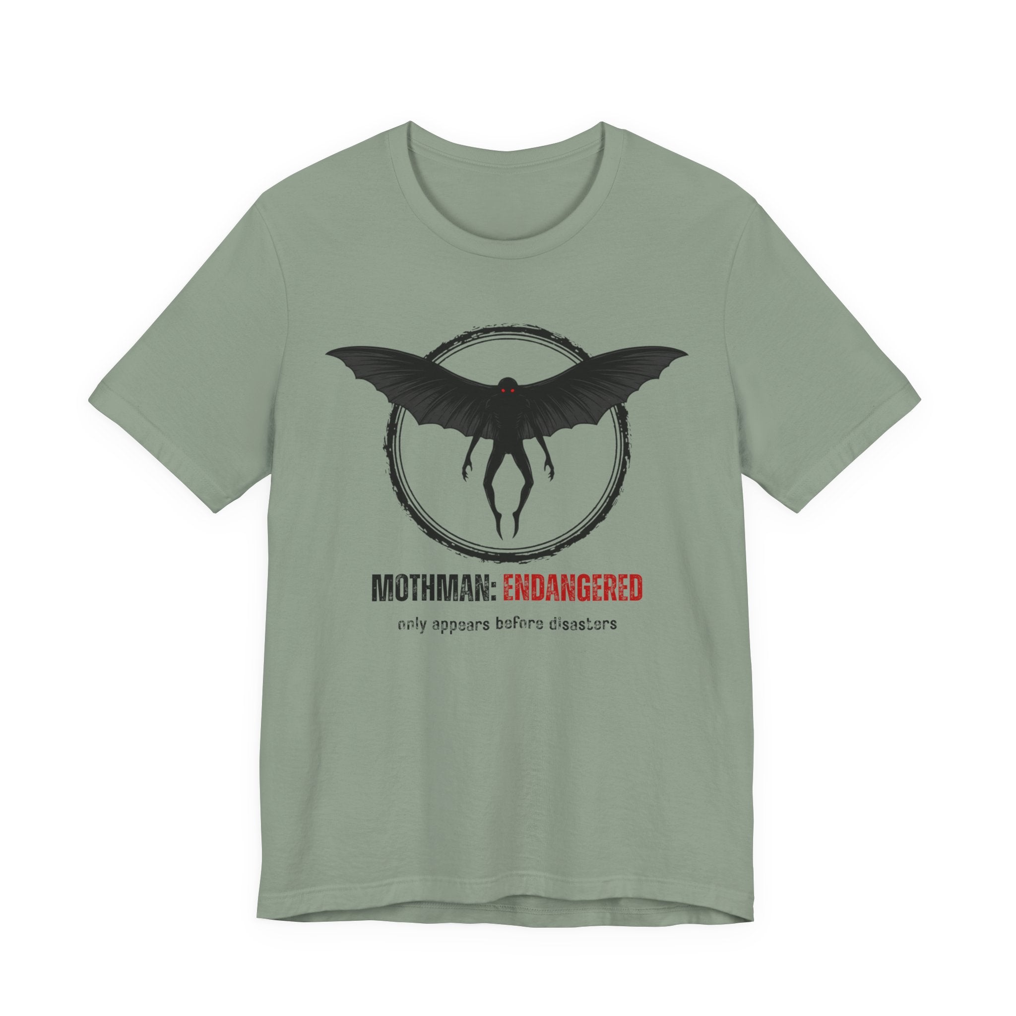 Sage t-shirt with Mothman graphic and text "Mothman: Endangered - only appears before disasters" by Soon To Be Mythical