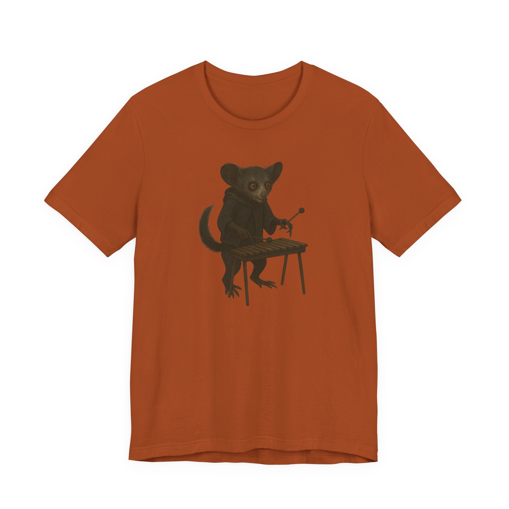 Autumn t-shirt with a graphic of an aye-aye playing a xylophone on a white background
