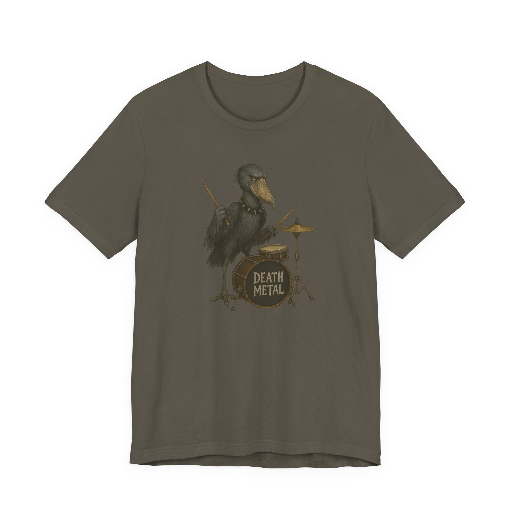 Army green t-shirt with a shoebill stork playing drums graphic and &#39;Death Metal&#39; text on a white background