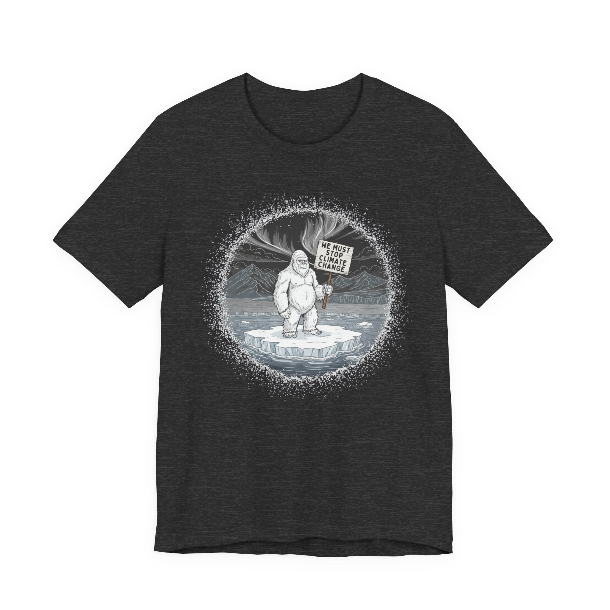 Heather gray t-shirt with a graphic of a Yeti on an ice floe holding a sign with the text "We must stop climate change" by Soon To Be Mythical