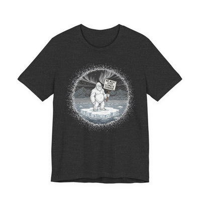 Heather gray t-shirt with a graphic of a Yeti on an ice floe holding a sign with the text "We must stop climate change" by Soon To Be Mythical