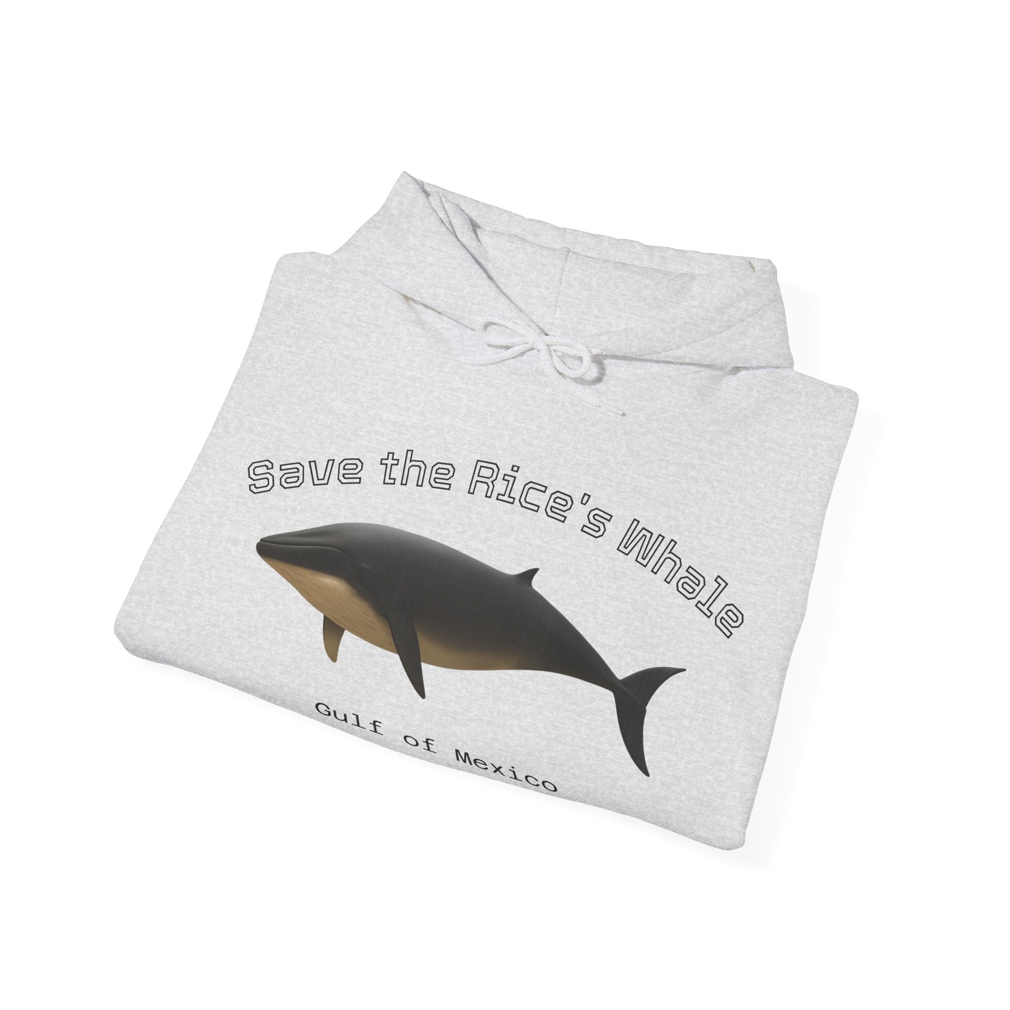 Folded gray hoodie with a Rice's whale graphic and text "Save the Rice's Whale: Gulf of Mexico" by Soon To Be Mythical