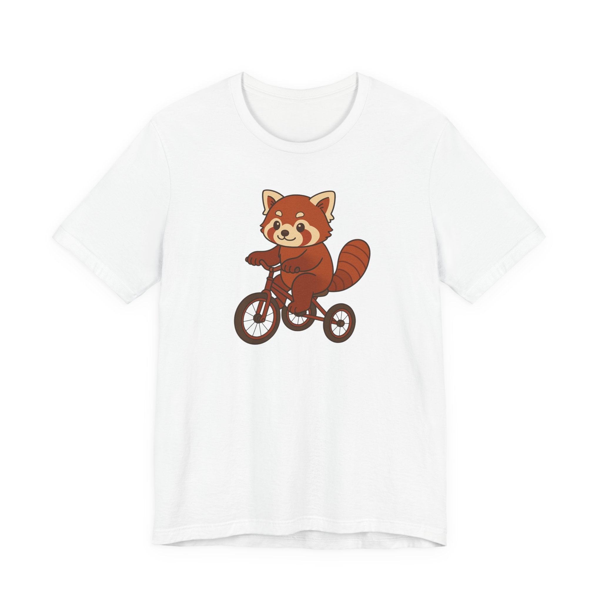 White t-shirt with a red panda riding a tricycle graphic on a white background