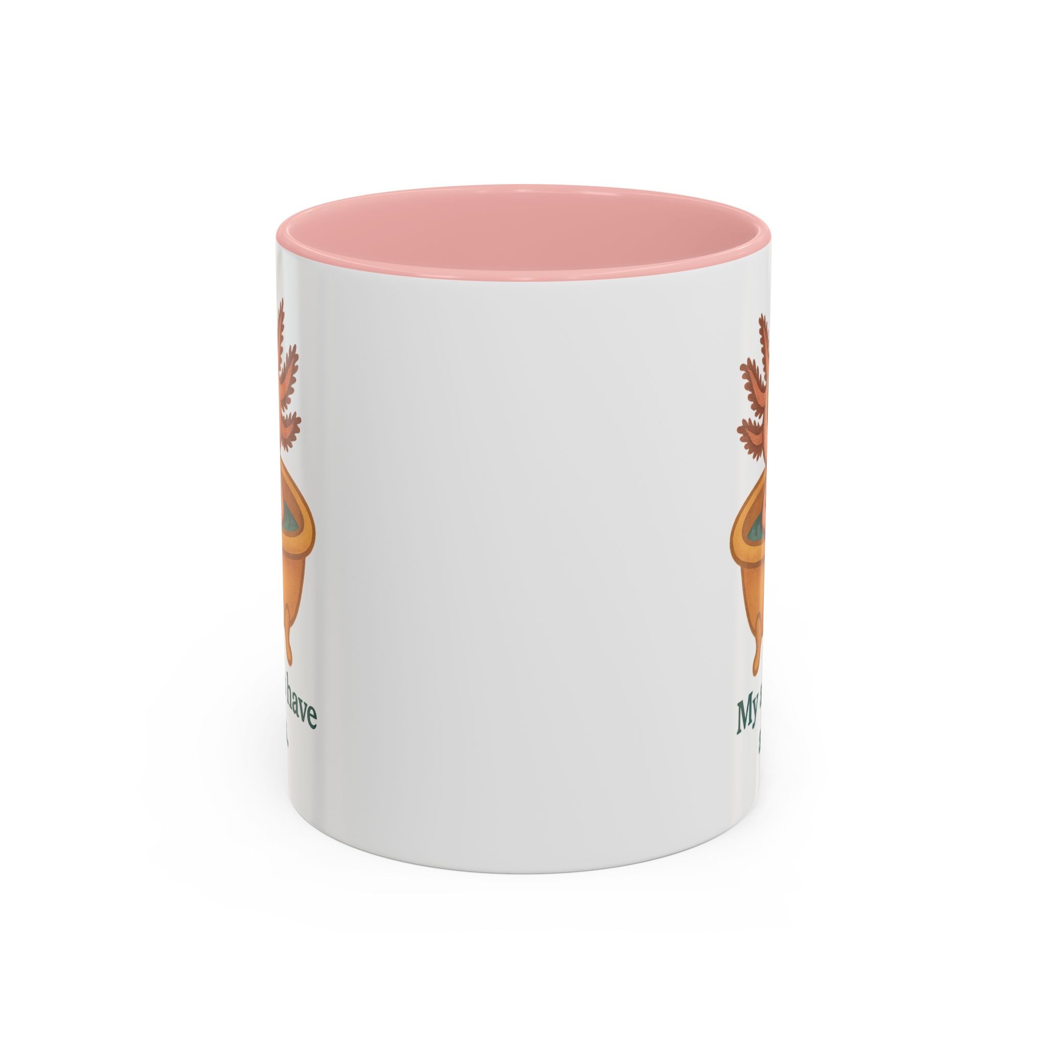 White mug with pink interior and handle color accent featuring a graphic of a cute axolotl taking a relaxing bath with the text &quot;My anxieties have anxieties.&quot;