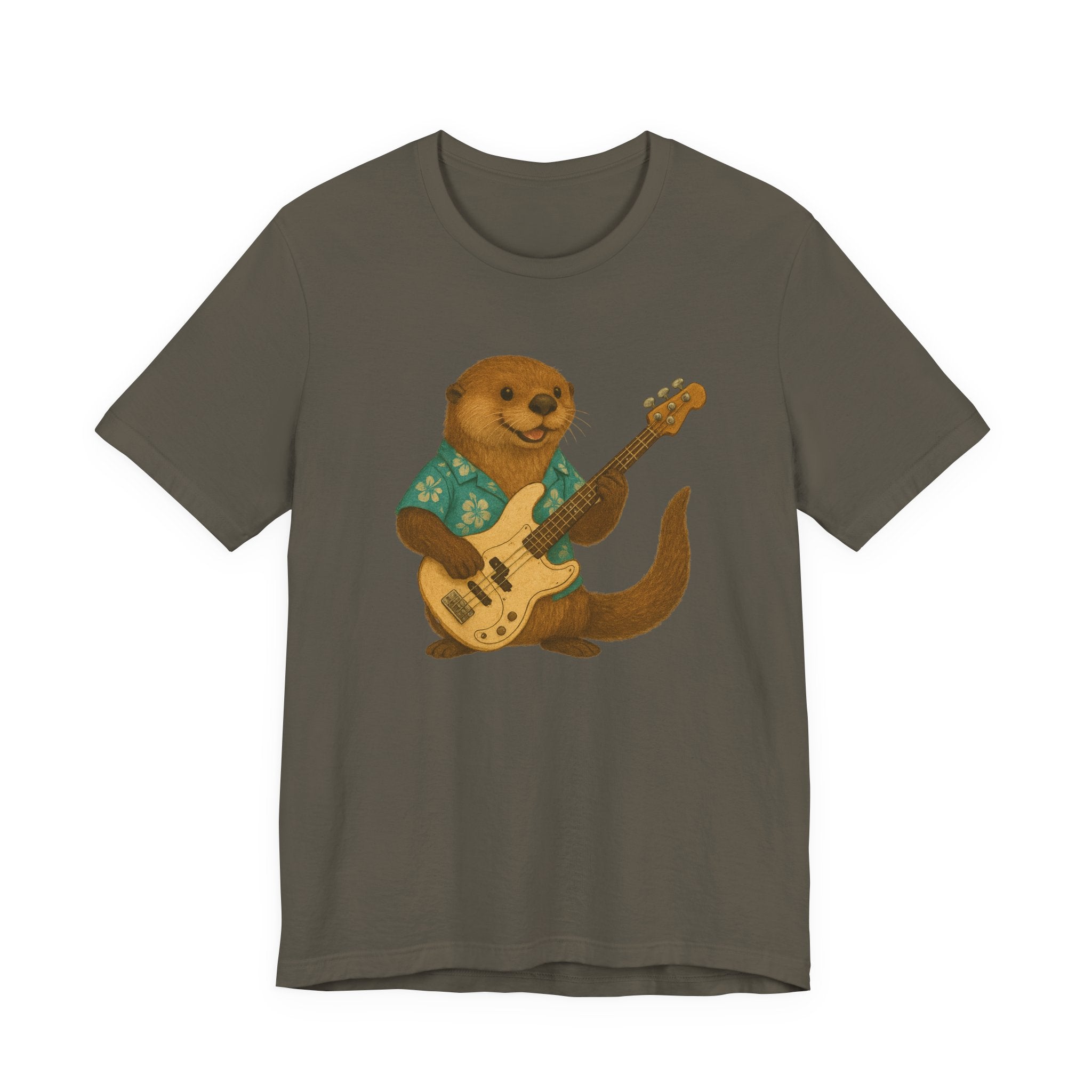 Army t-shirt with a sea otter wearing a hawaiian shirt and playing a bass guitar graphic on a white background