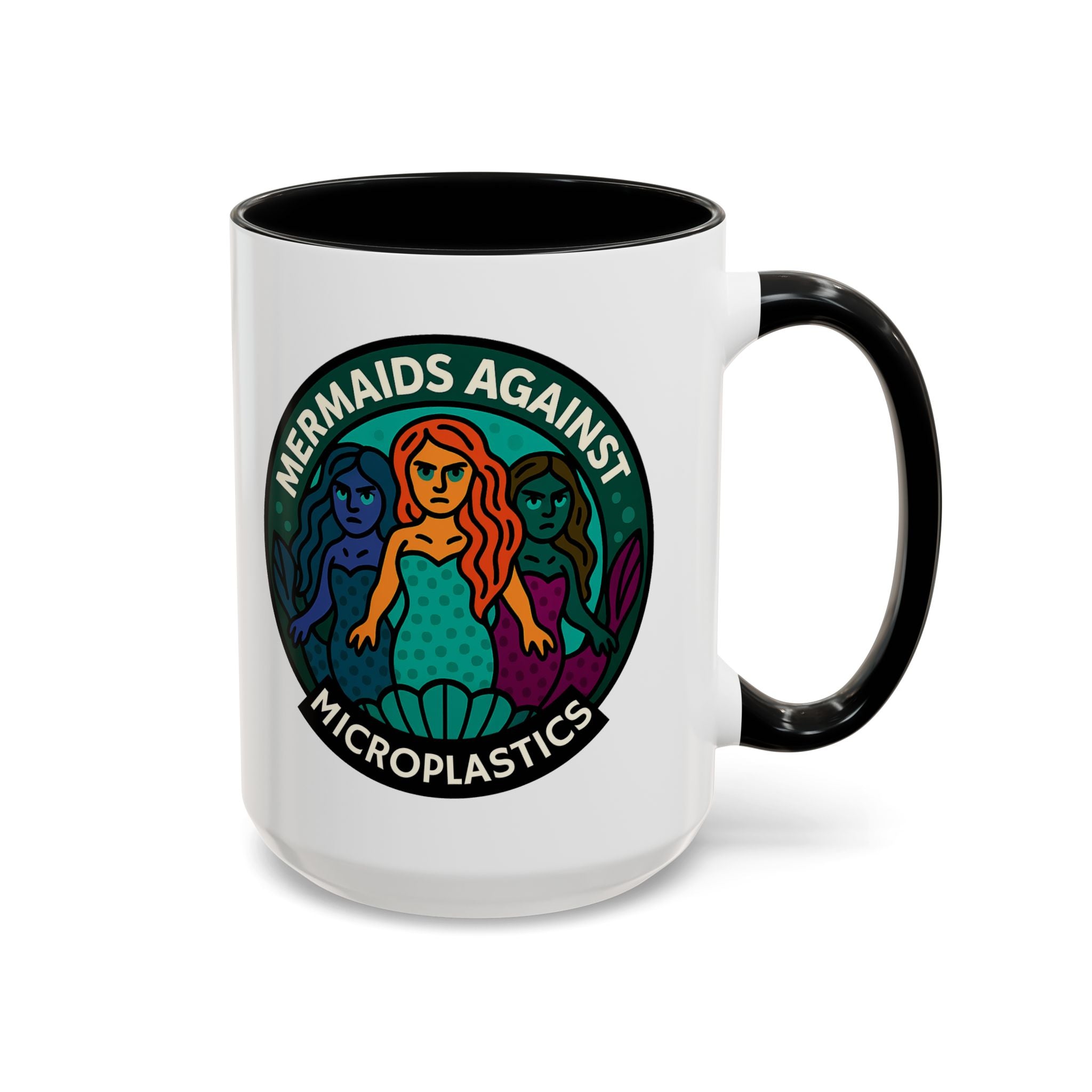 15 ounce white mug with mermaid design and 'Mermaids Against Microplastics' text by Soon To Be Mythical