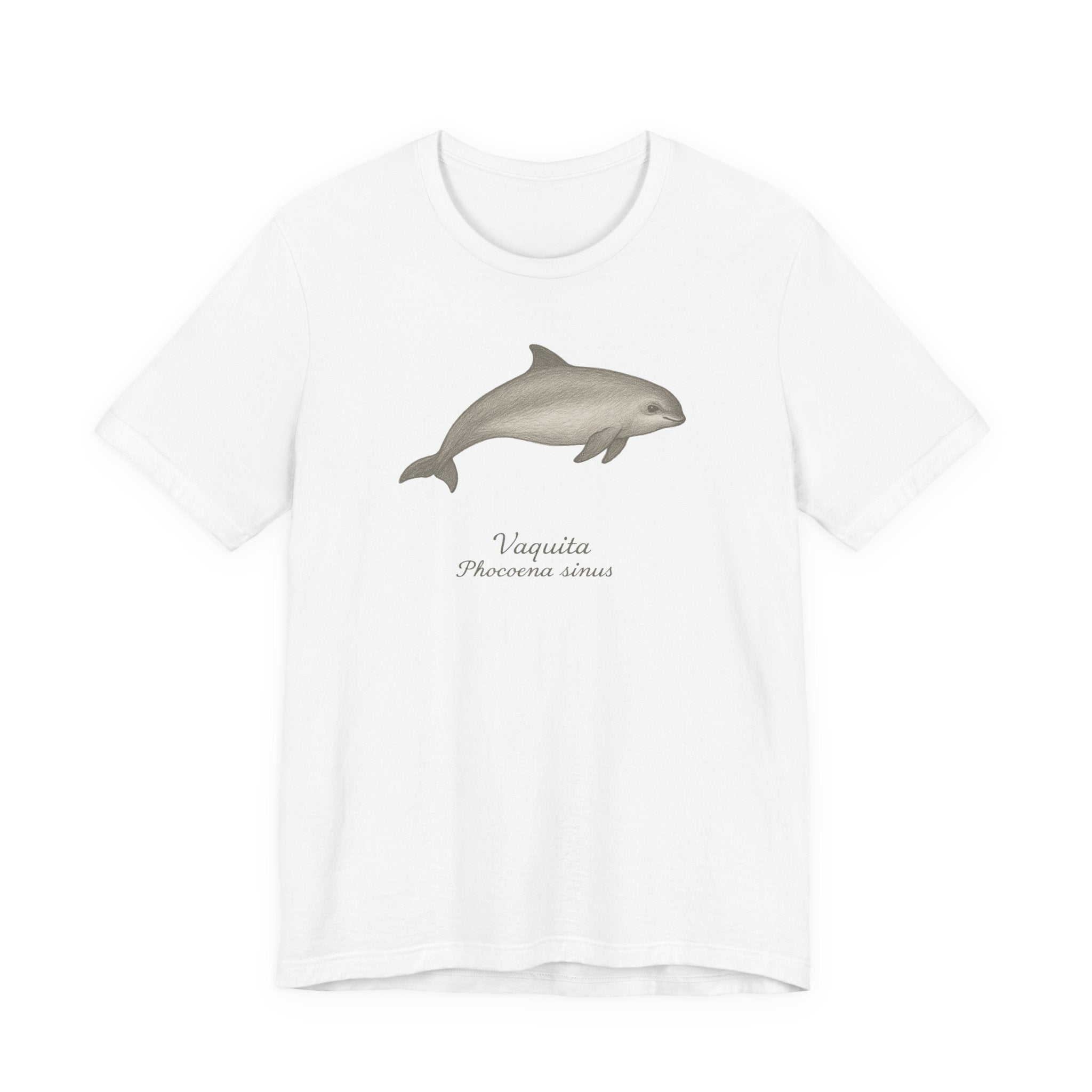 White t-shirt with a Vaquita porpoise graphic and text on a white background
