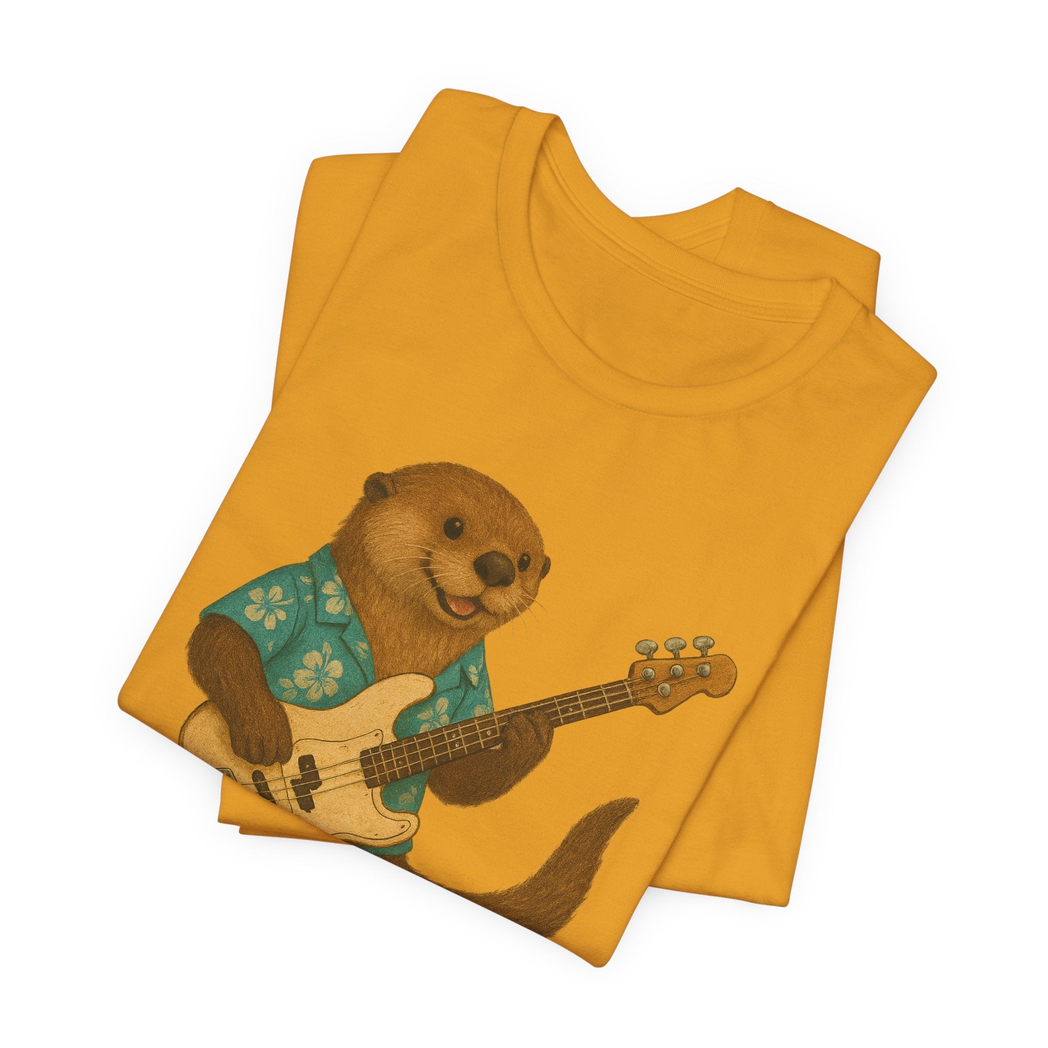 Yellow t-shirt with a sea otter wearing a hawaiian shirt and playing a bass guitar graphic on a white background