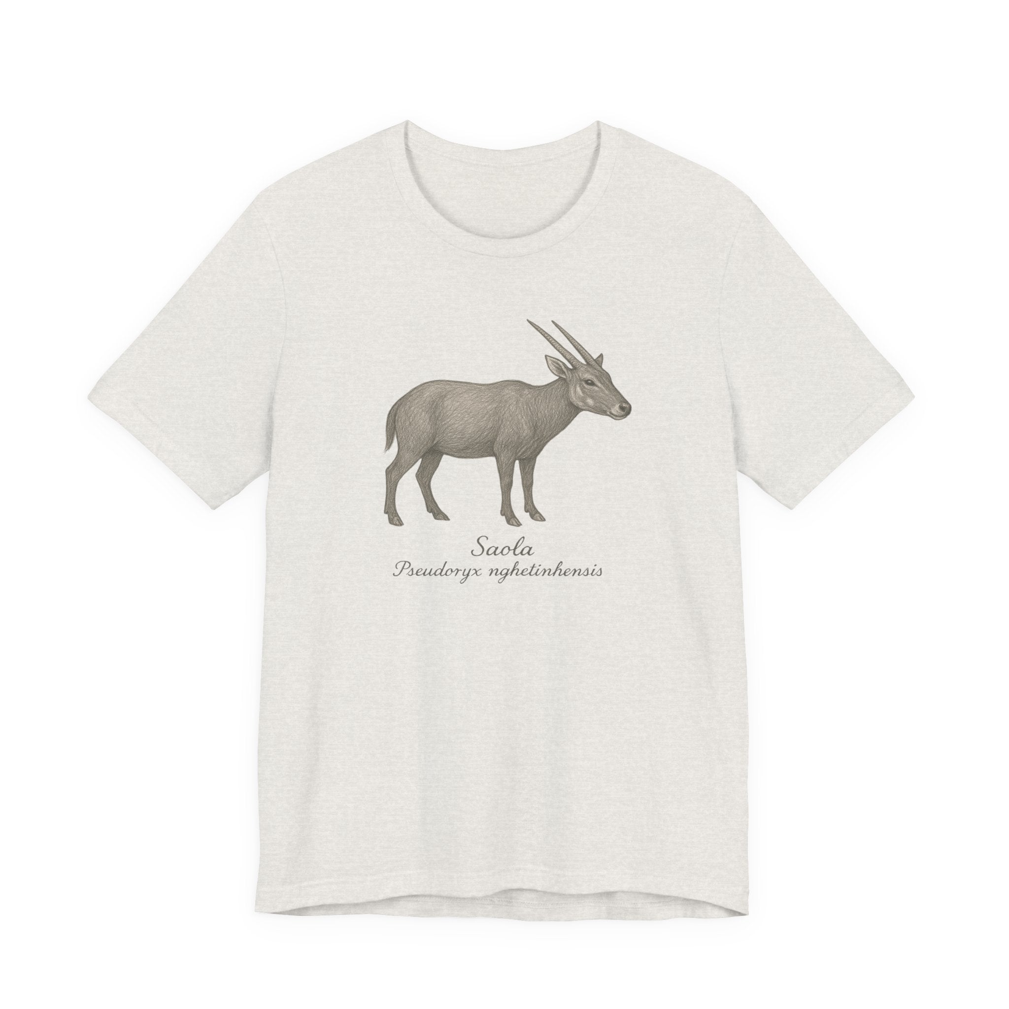 Heathered cement t-shirt with a graphic of an saola and text on a white background