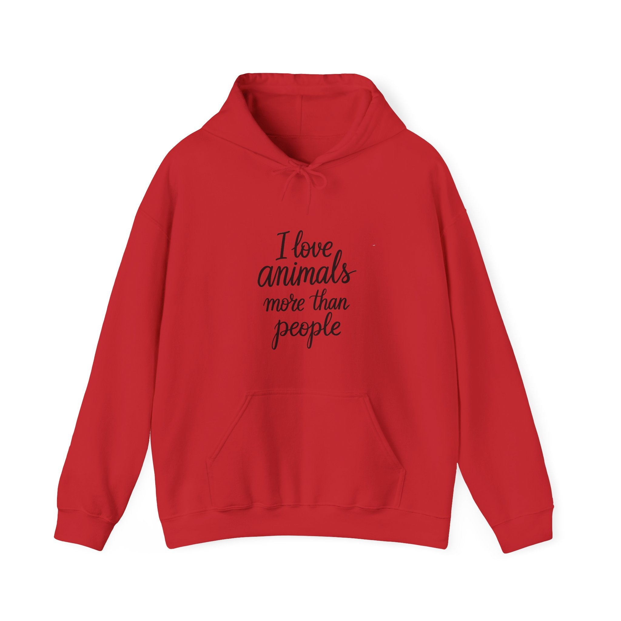 Red hoodie with text 'I love animals more than people' by Soon To Be Mythical