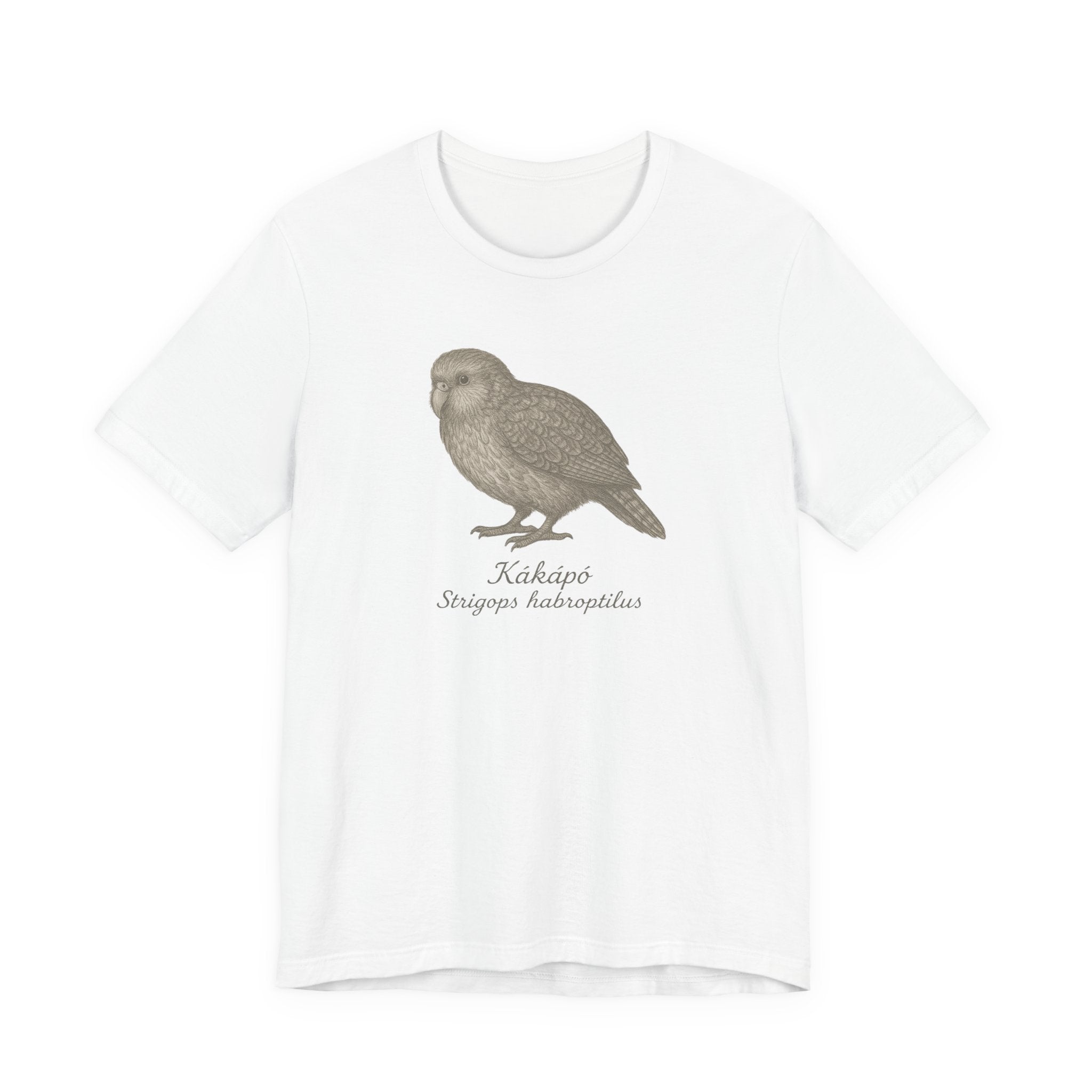 White t-shirt with a kakapo bird graphic and text of its scientific name on a white background