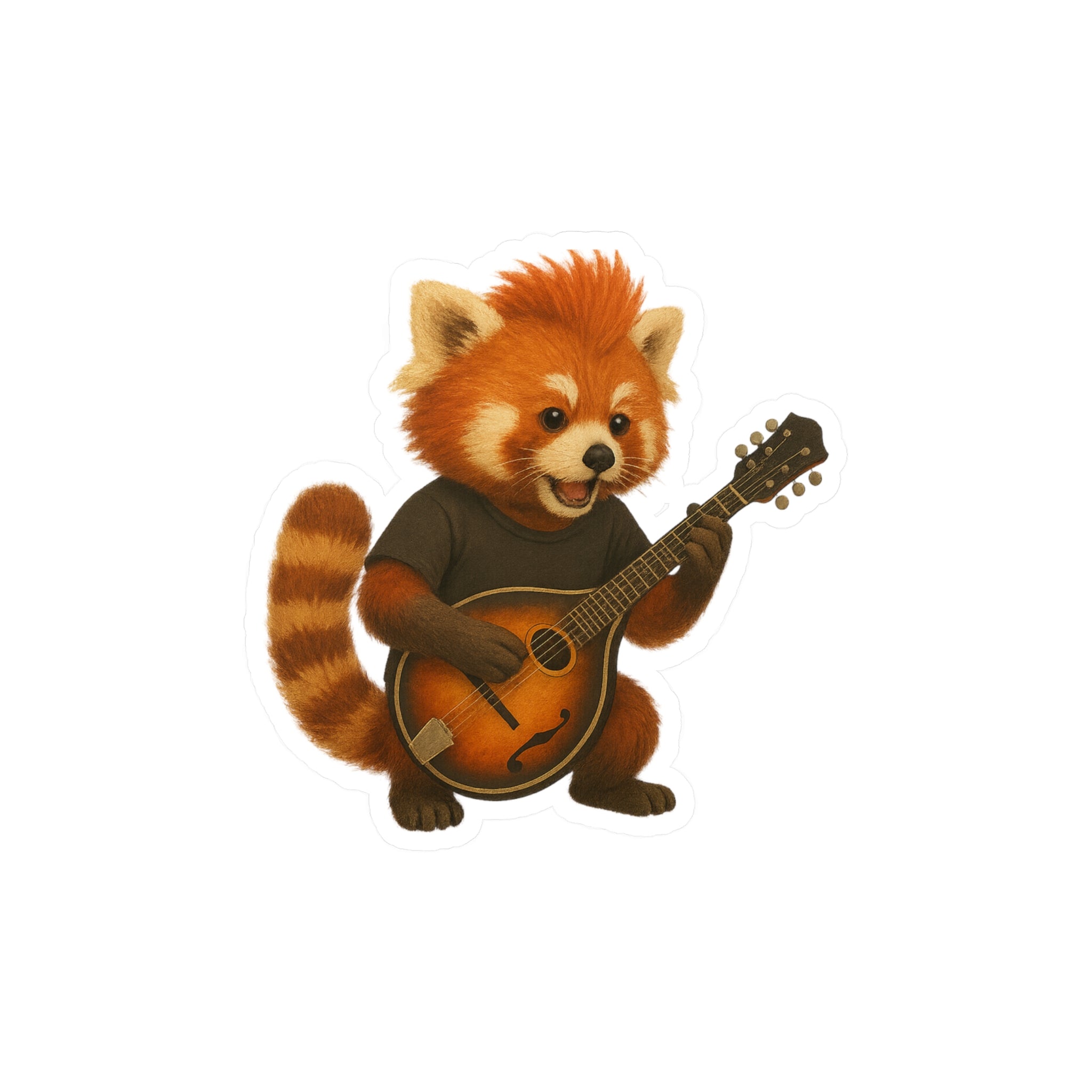 Vinyl sticker of an illustration of a red panda playing a mandolin on a white background