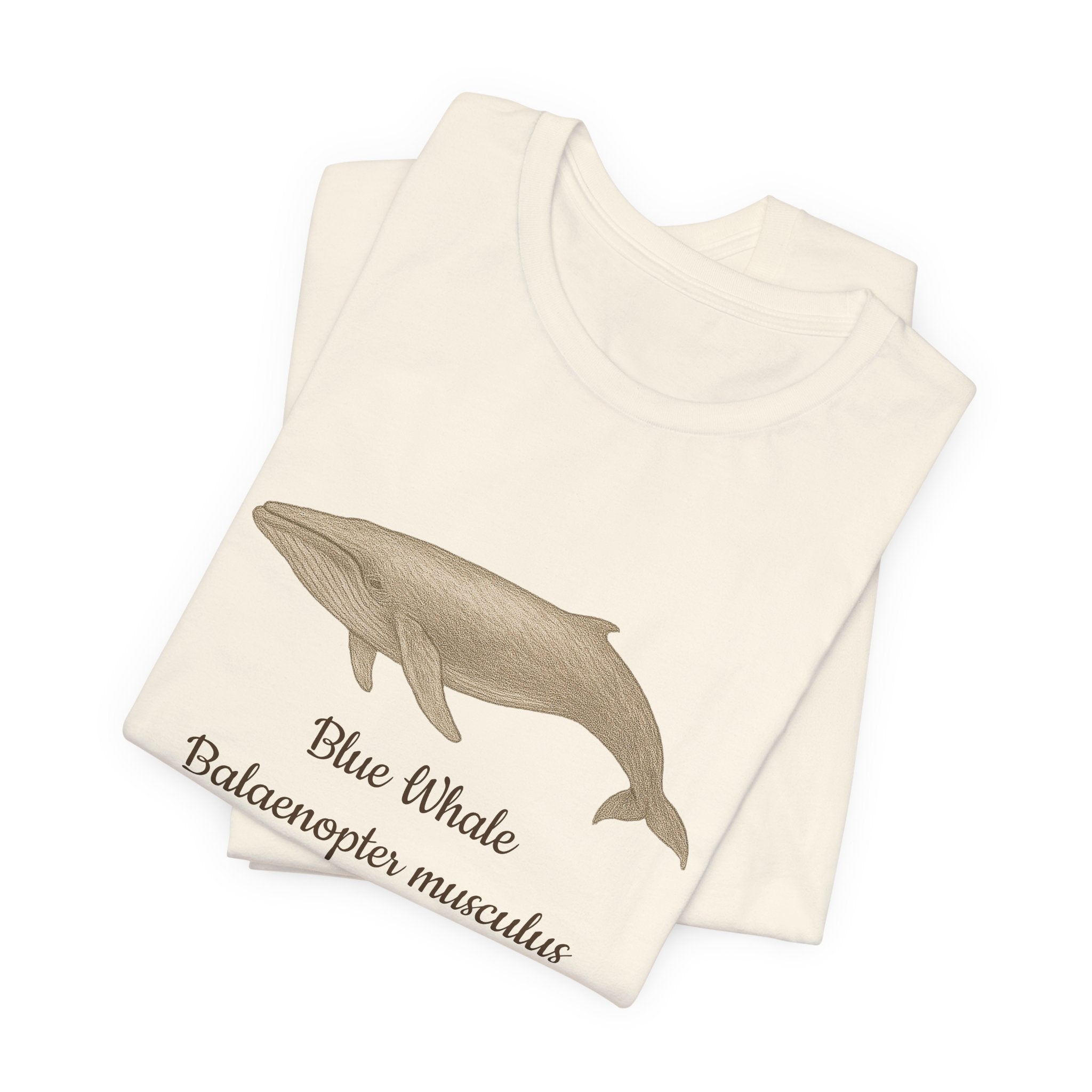 Folded beige t-shirt with blue whale illustration and text on a white background