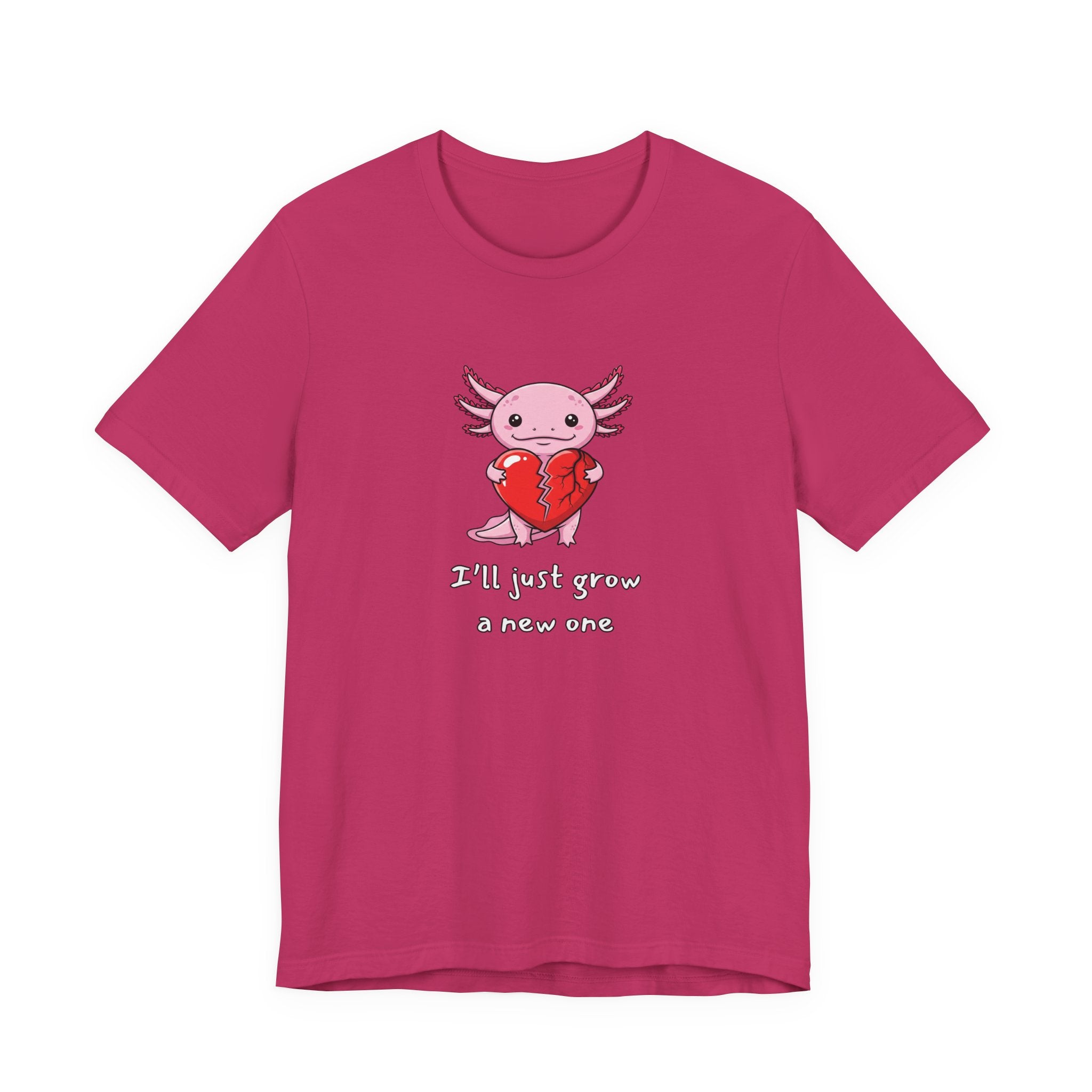 Pink t-shirt with axolotl graphic with a broken heart and text "I'll just grow a new one" by Soon To Be Mythical