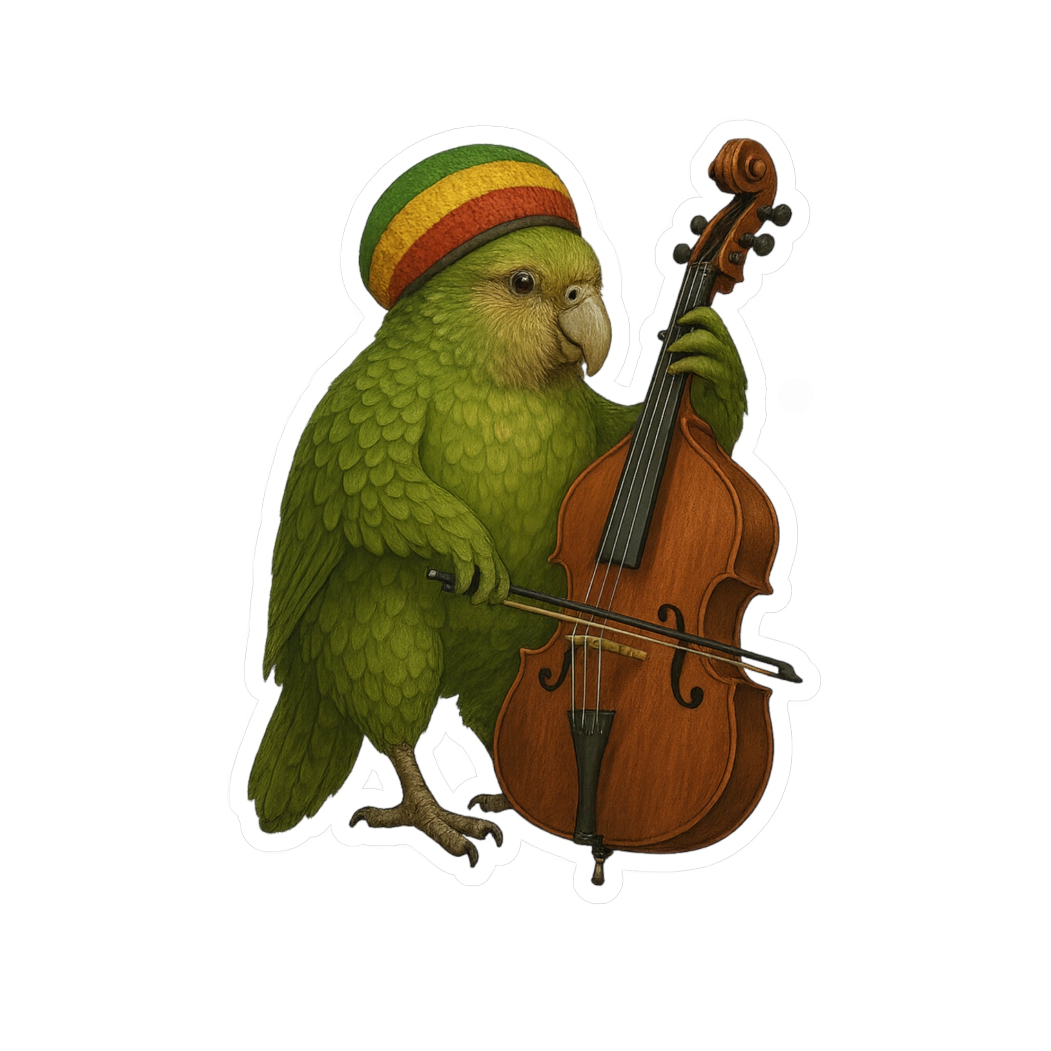 Vinyl sticker illustration of a kakapo parrot wearing a Rastafarian hat playing an upright bass on a white background
