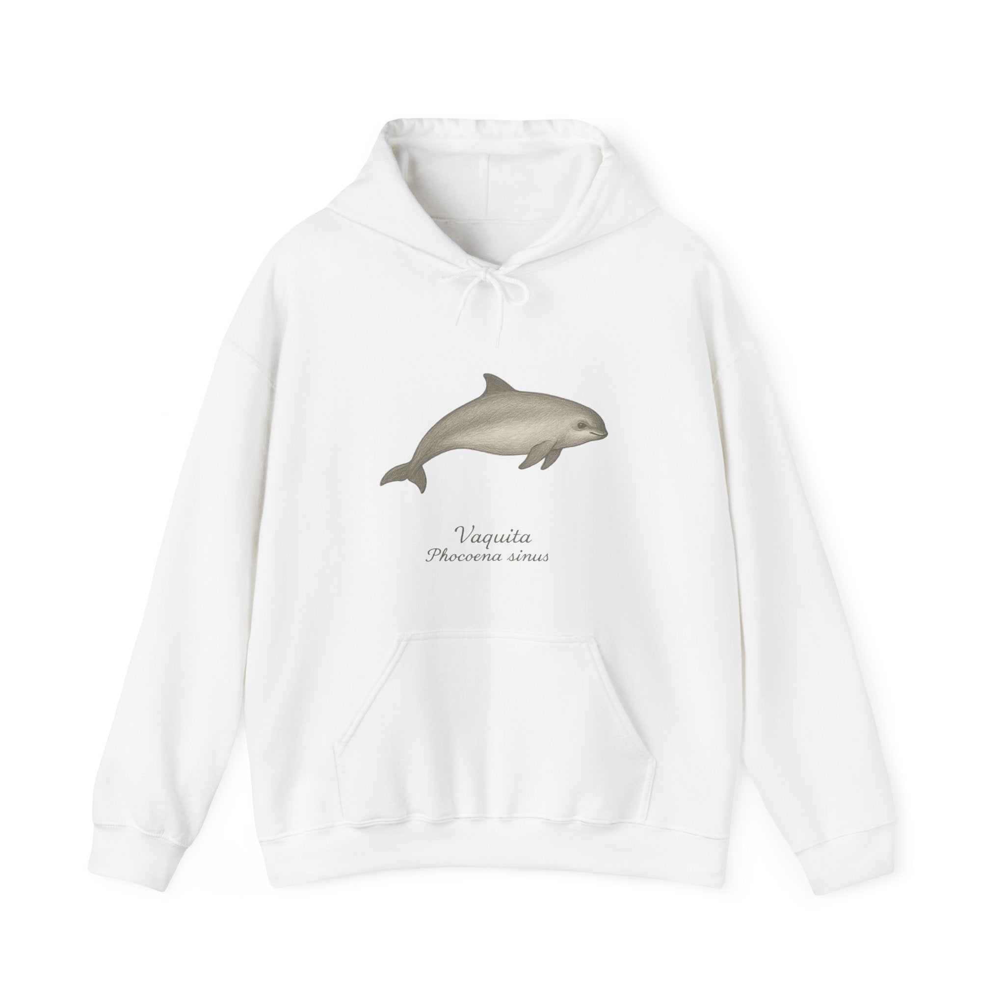 White hoodie with a vaquita dolphin graphic and scientific name by Soon To Be Mythical