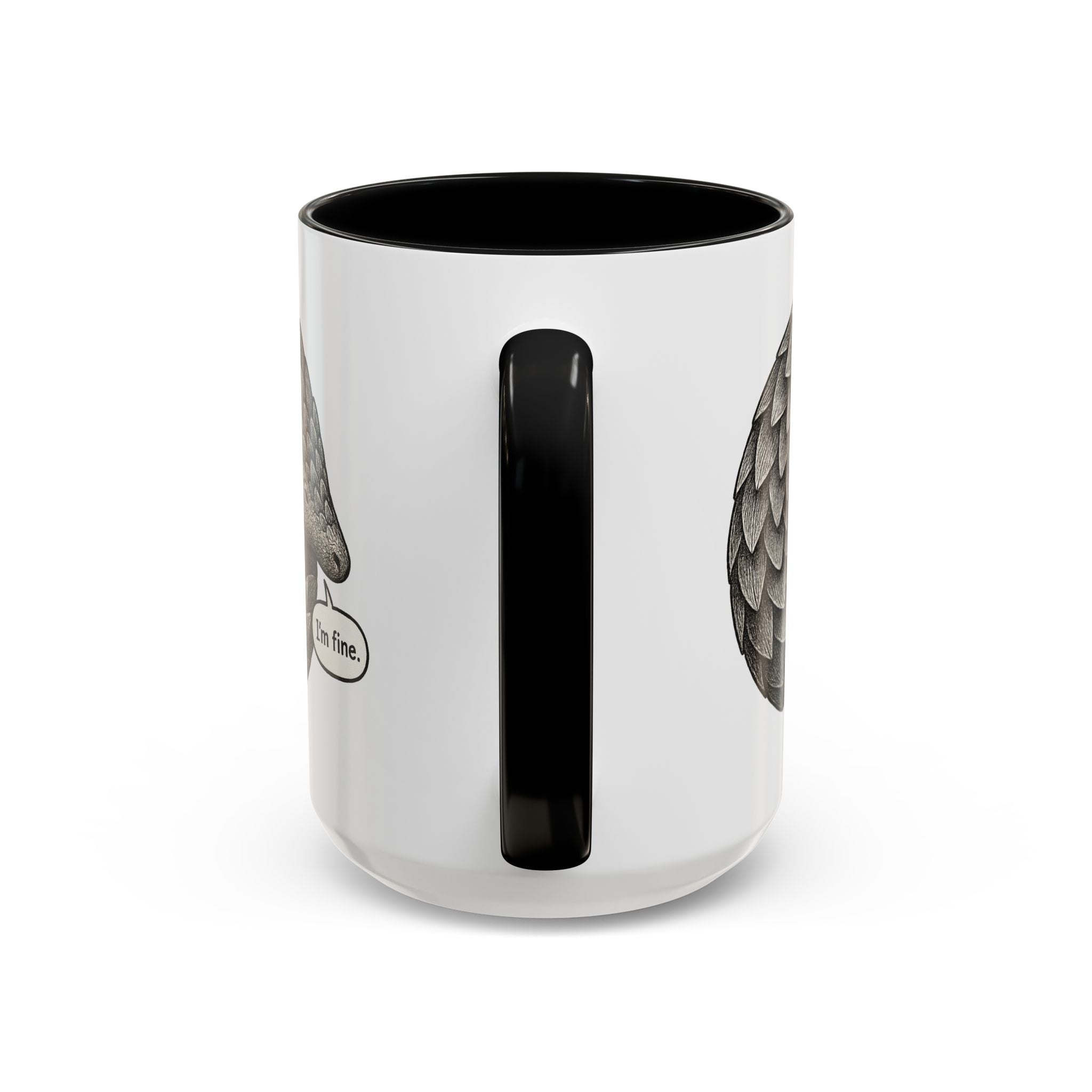 White mug with black color accented interior and handle that features the design of a pangolin graphic curled up into a ball with the text "I'm fine."