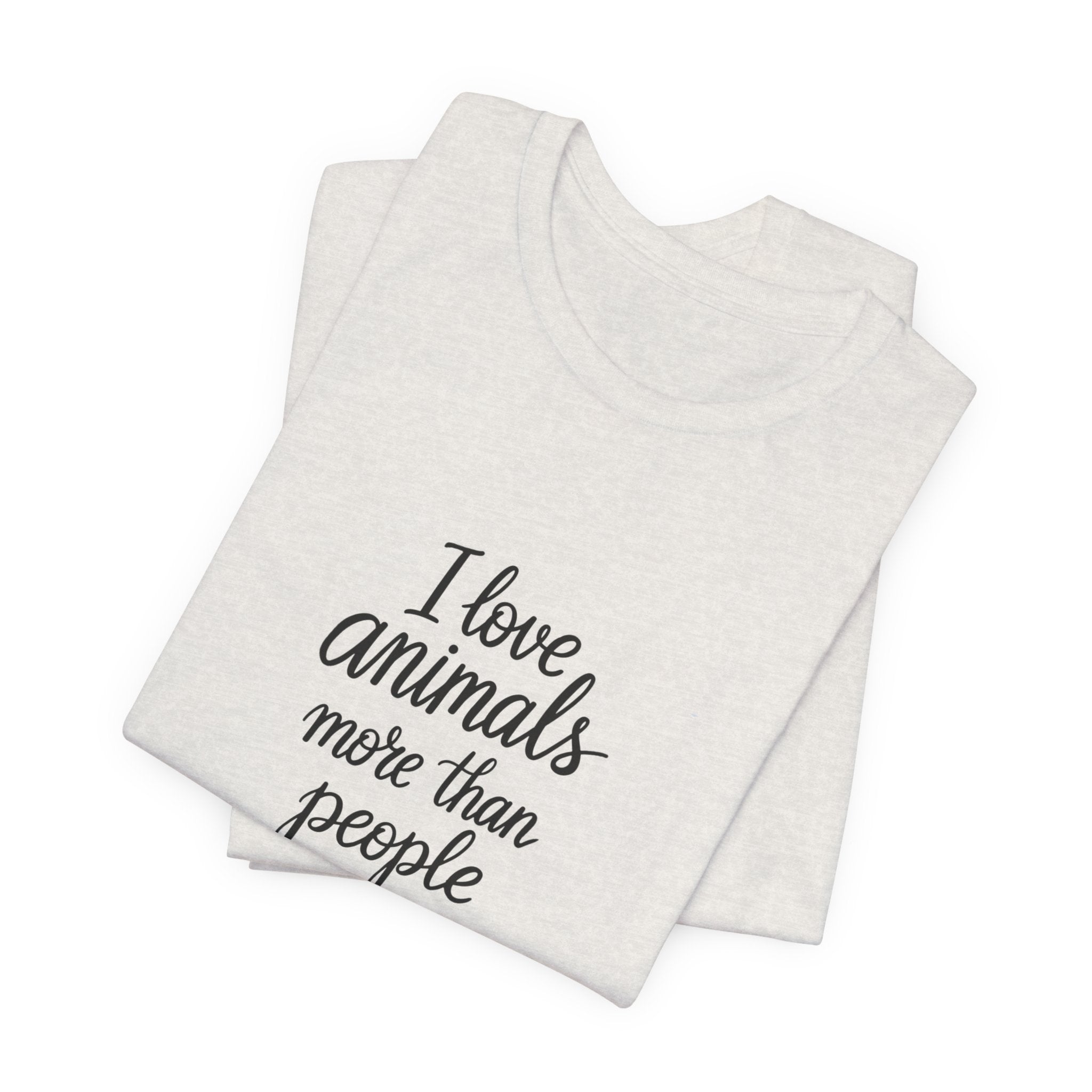Heather cement t-shirt with the text "I Love Animals More Than People" on the front and the text "Postpone the Myth" on the left sleeve on a white background