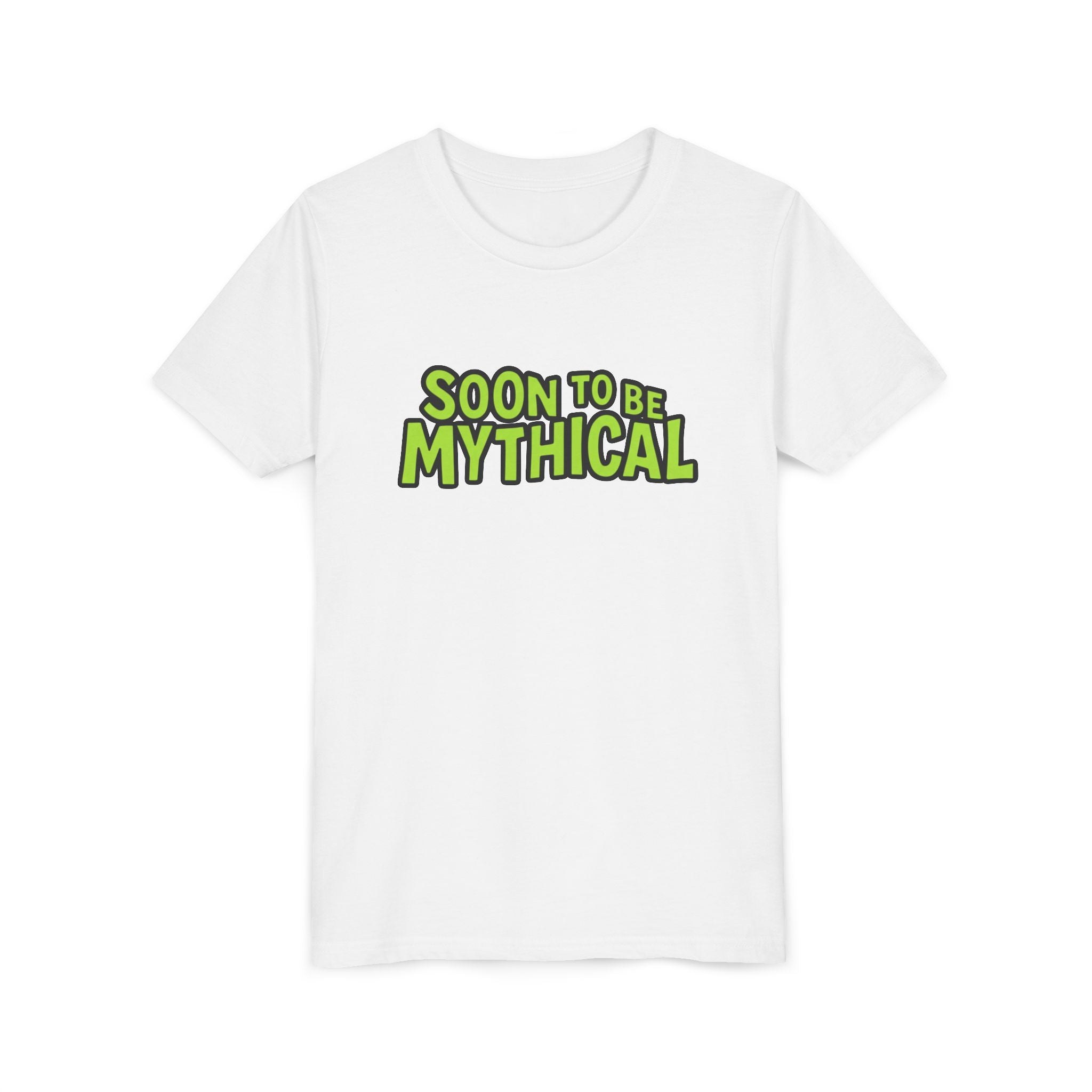 White kids t-shirt with &#39;Soon to be Mythical&#39; text in green on a white background