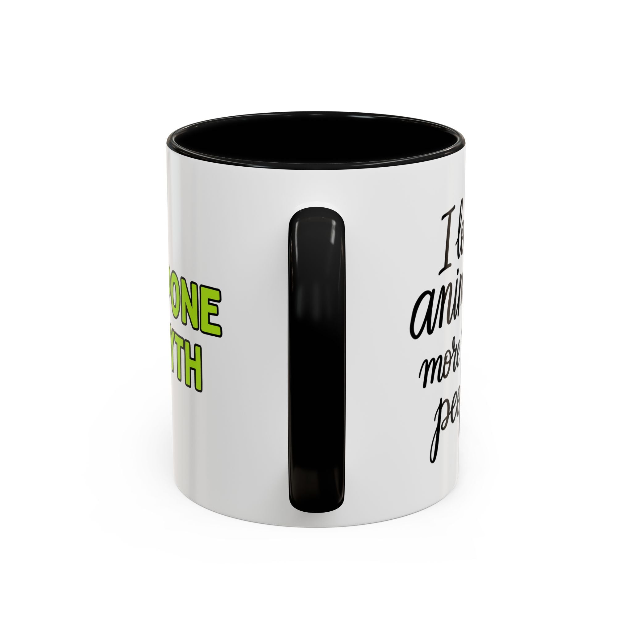 White mug with black interior and handle, featuring the text 'I love animals more than people' on one side and "Postpone the myth" on the other side on a white background.