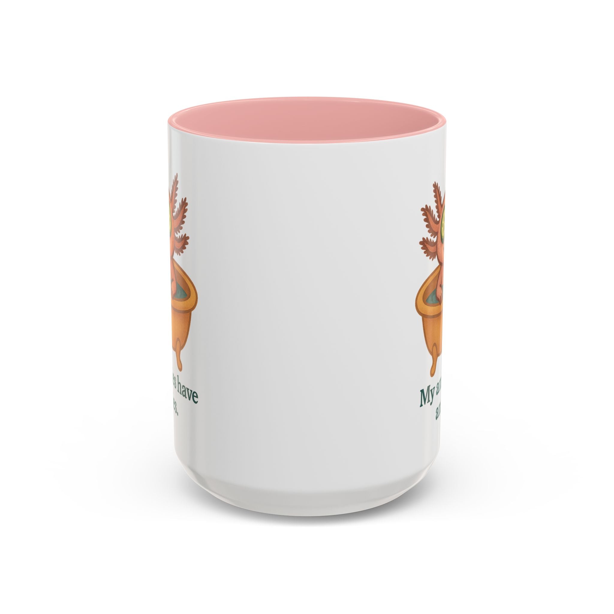 White mug with pink interior and handle color accent featuring a graphic of a cute axolotl taking a relaxing bath with the text "My anxieties have anxieties."