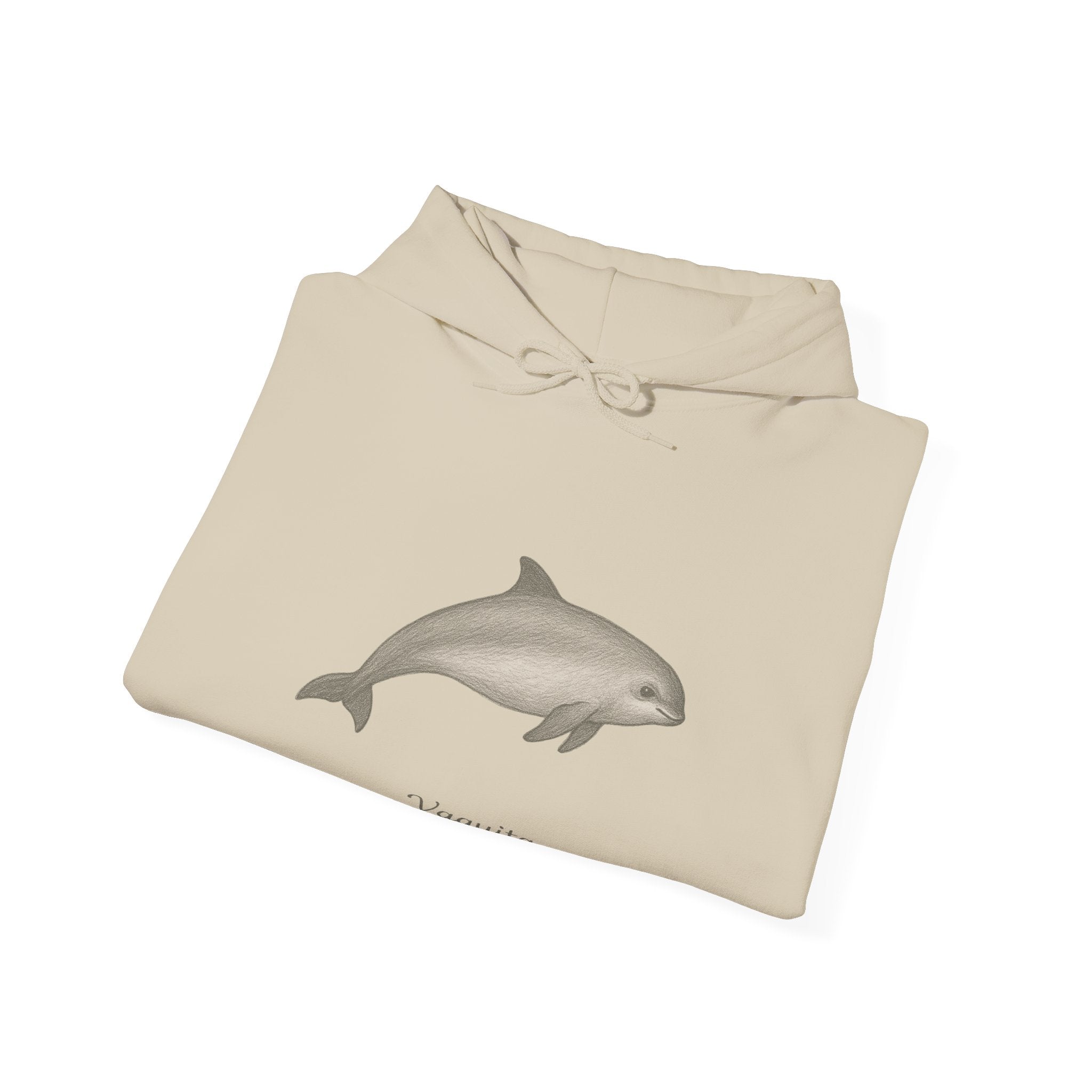 Folded beige hoodie with a vaquita dolphin graphic and scientific name by Soon To Be Mythical