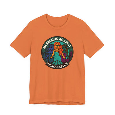 Orange t-shirt with mermaid graphic and text 'Mermaids Against Microplastics' by Soon To Be Mythical