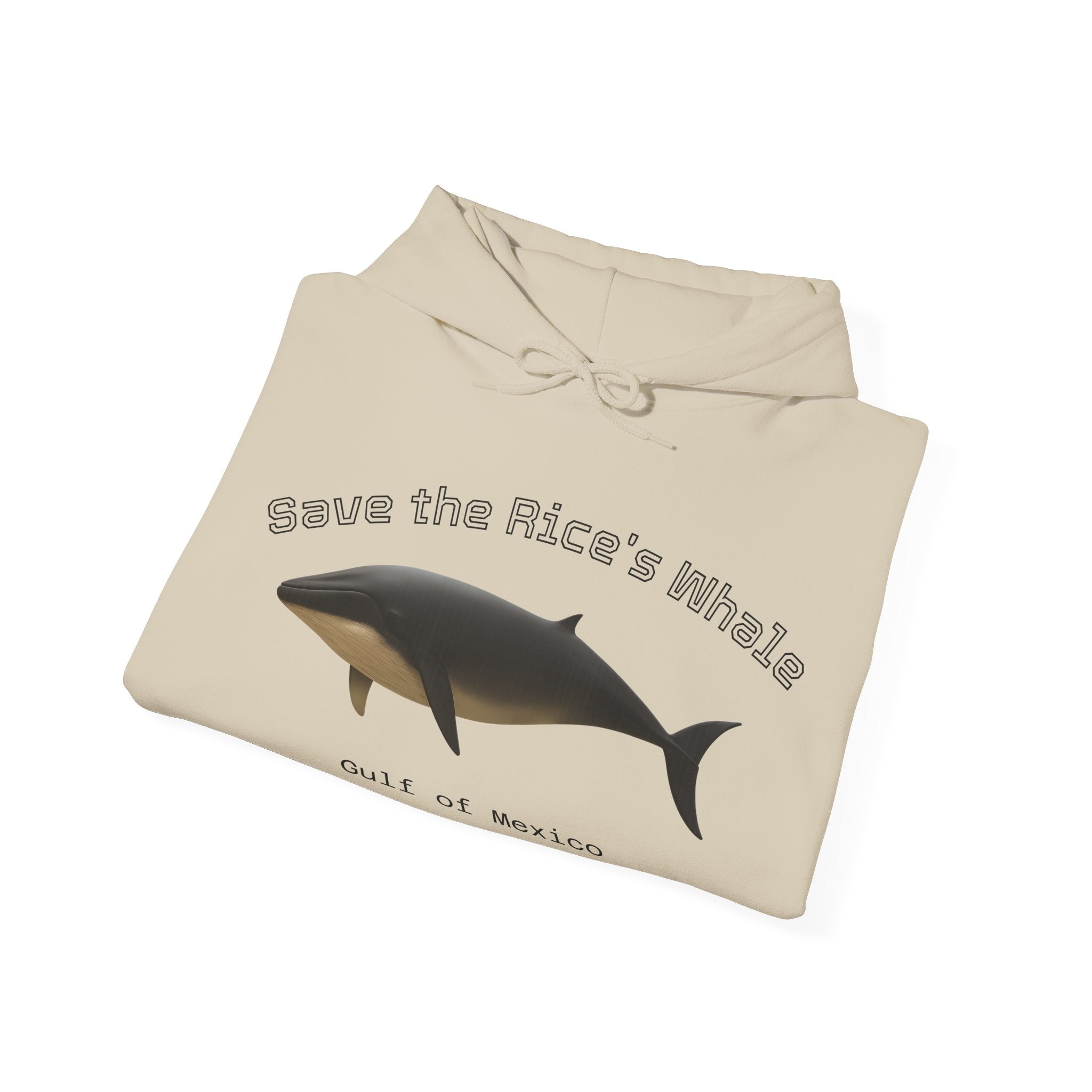 Folded beige hoodie with a Rice's whale graphic and text "Save the Rice's Whale: Gulf of Mexico" by Soon To Be Mythical
