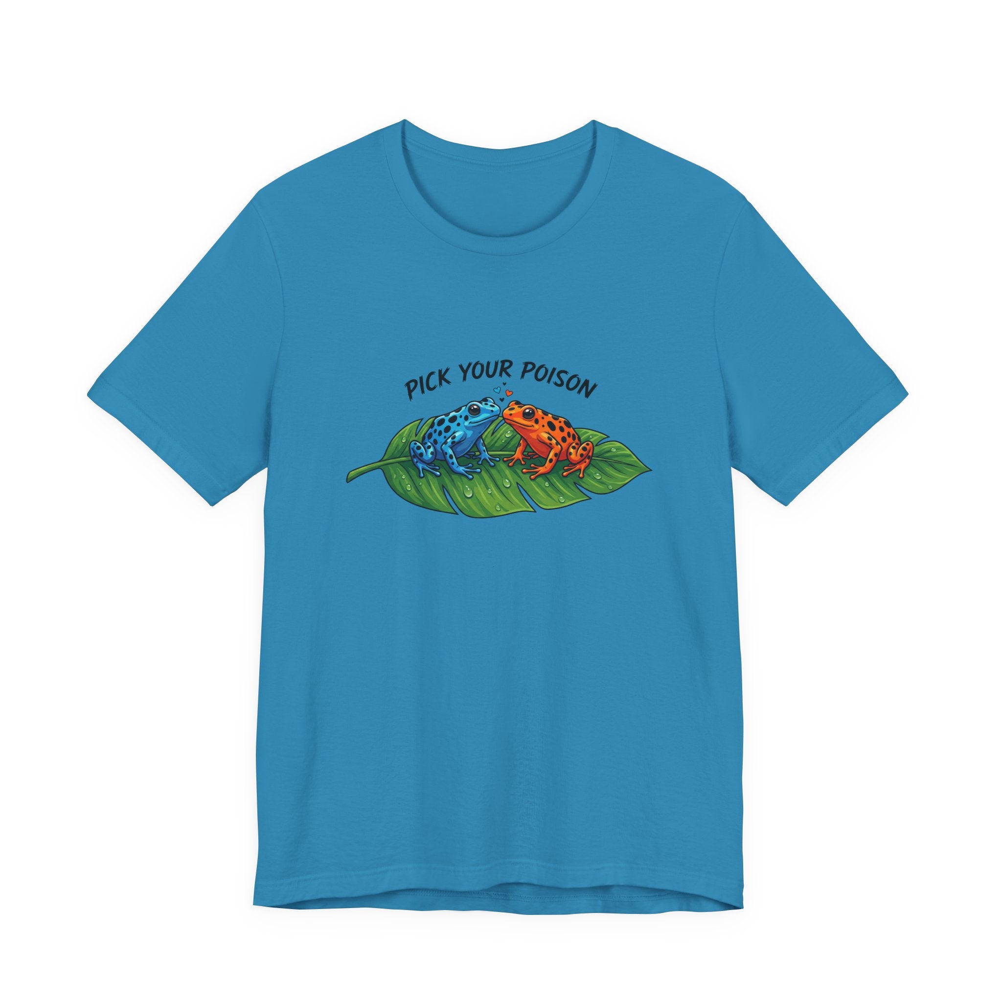 Blue t-shirt with a graphic of two poison dart frogs on a leaf and 'Pick Your Poison' text by Soon To Be Mythical