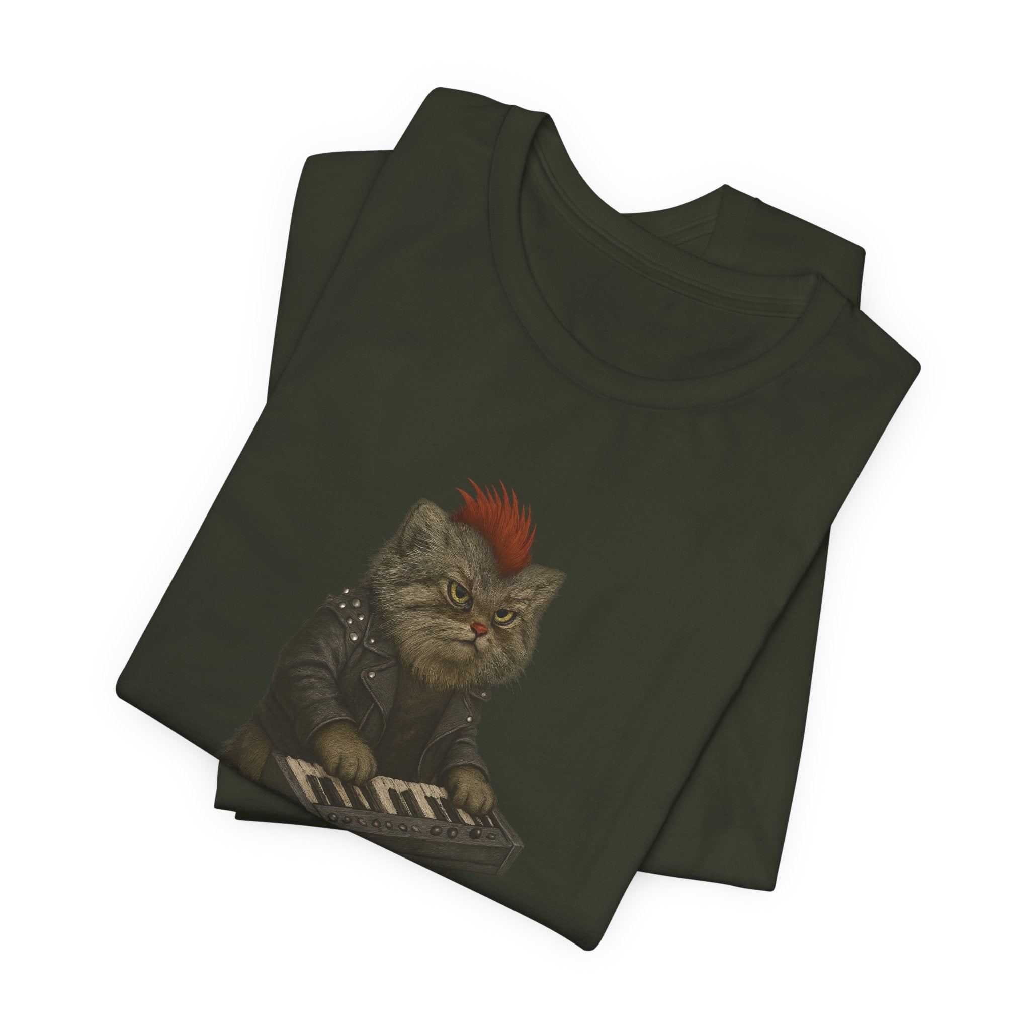 Dark green t-shirt with a graphic of a pallas's cat playing keyboards on a white background