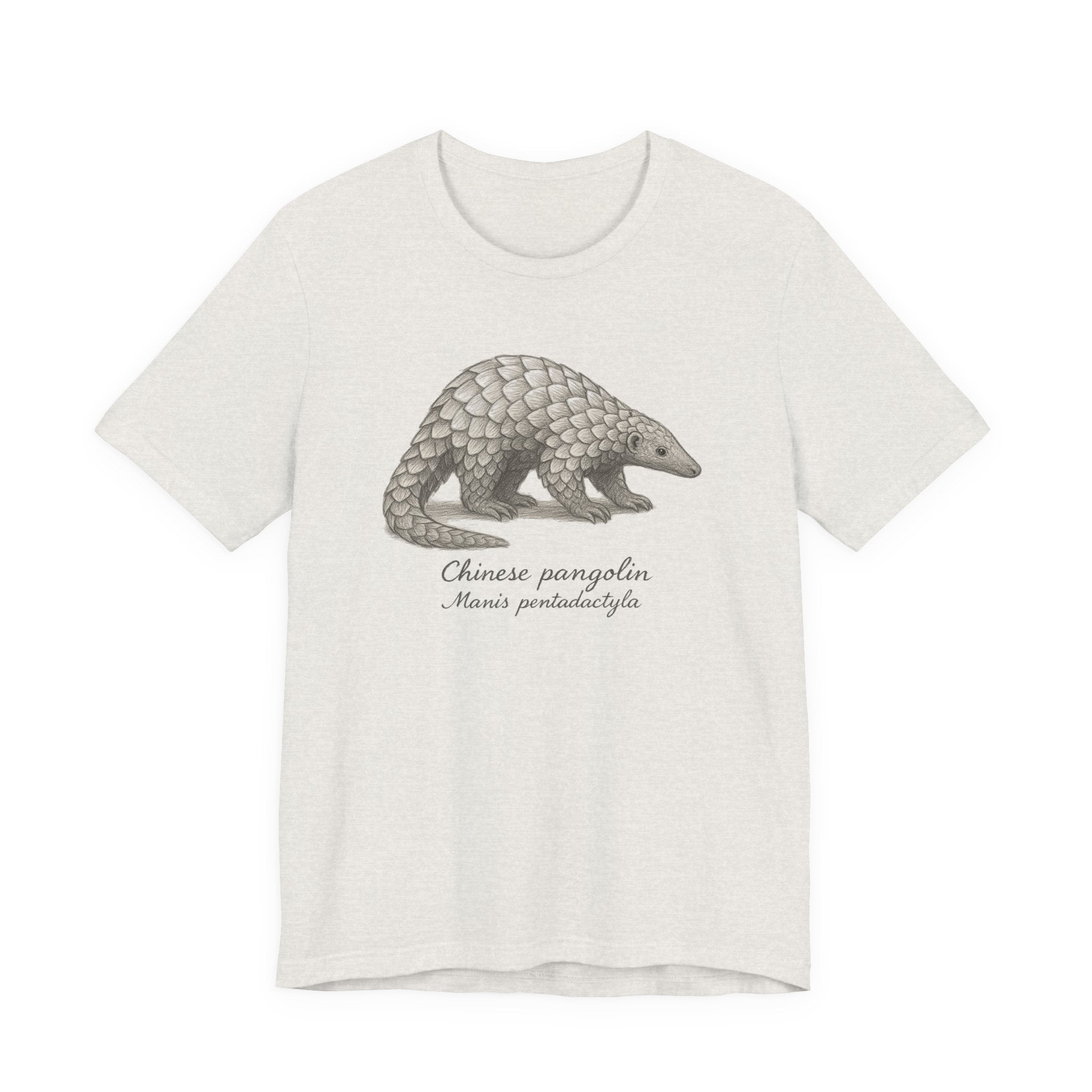 Heathered beige t-shirt with a Chinese pangolin graphic and text on a white background