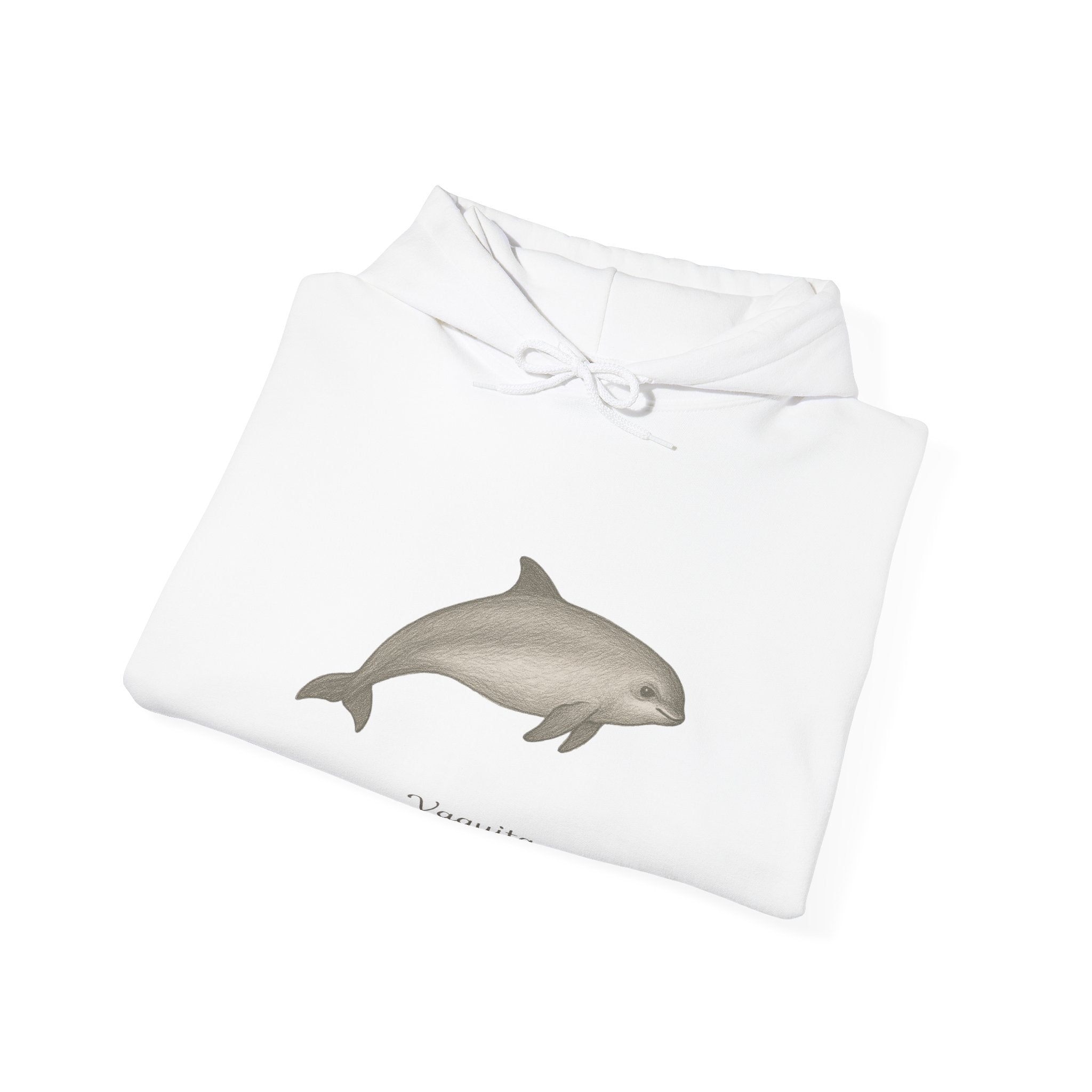 Folded white hoodie with a vaquita dolphin graphic and scientific name by Soon To Be Mythical