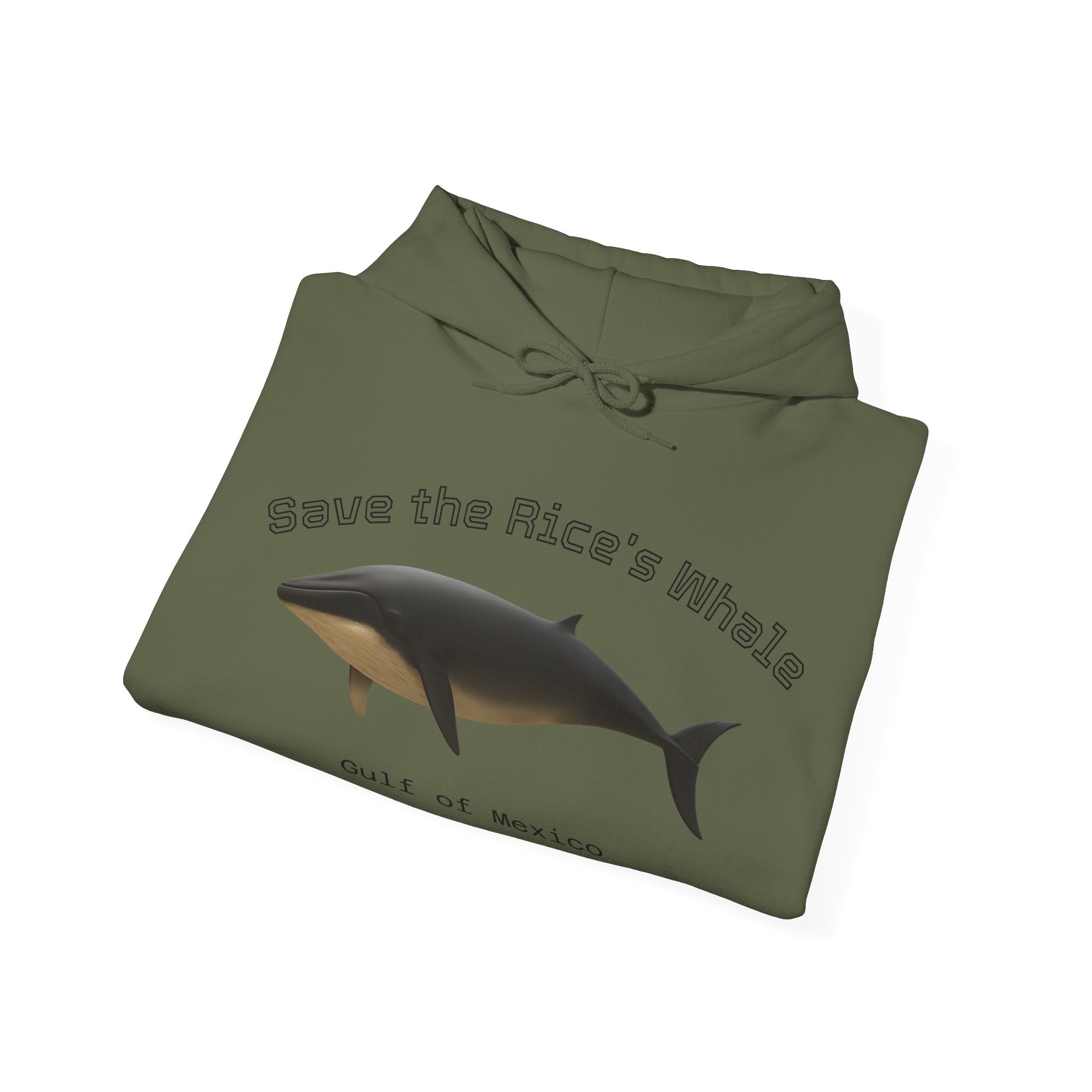 Folded green hoodie with a Rice's whale graphic and text "Save the Rice's Whale: Gulf of Mexico" by Soon To Be Mythical