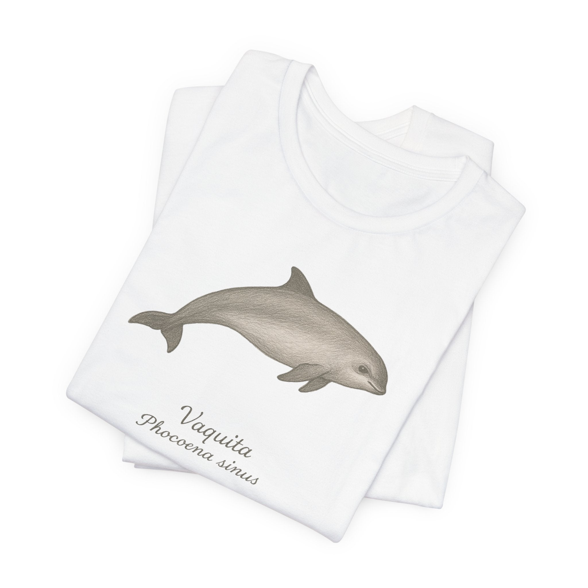 Folded white t-shirt with Vaquita illustration and text on a white background