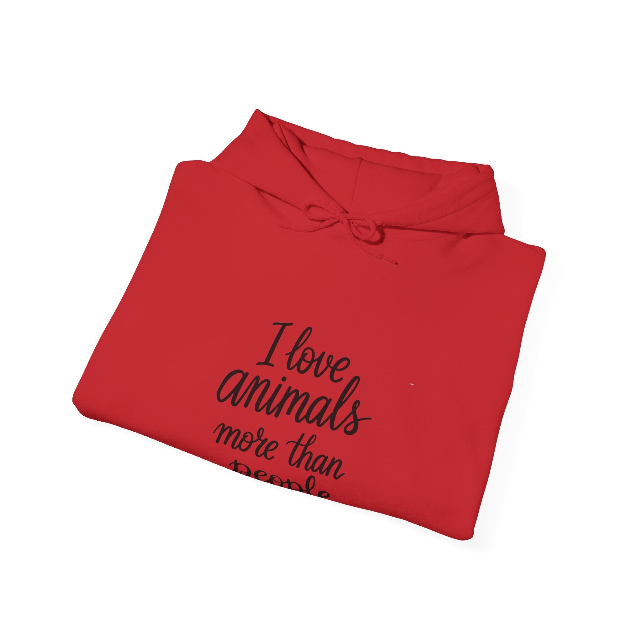 Folded red hoodie with text 'I love animals more than people' by Soon To Be Mythical